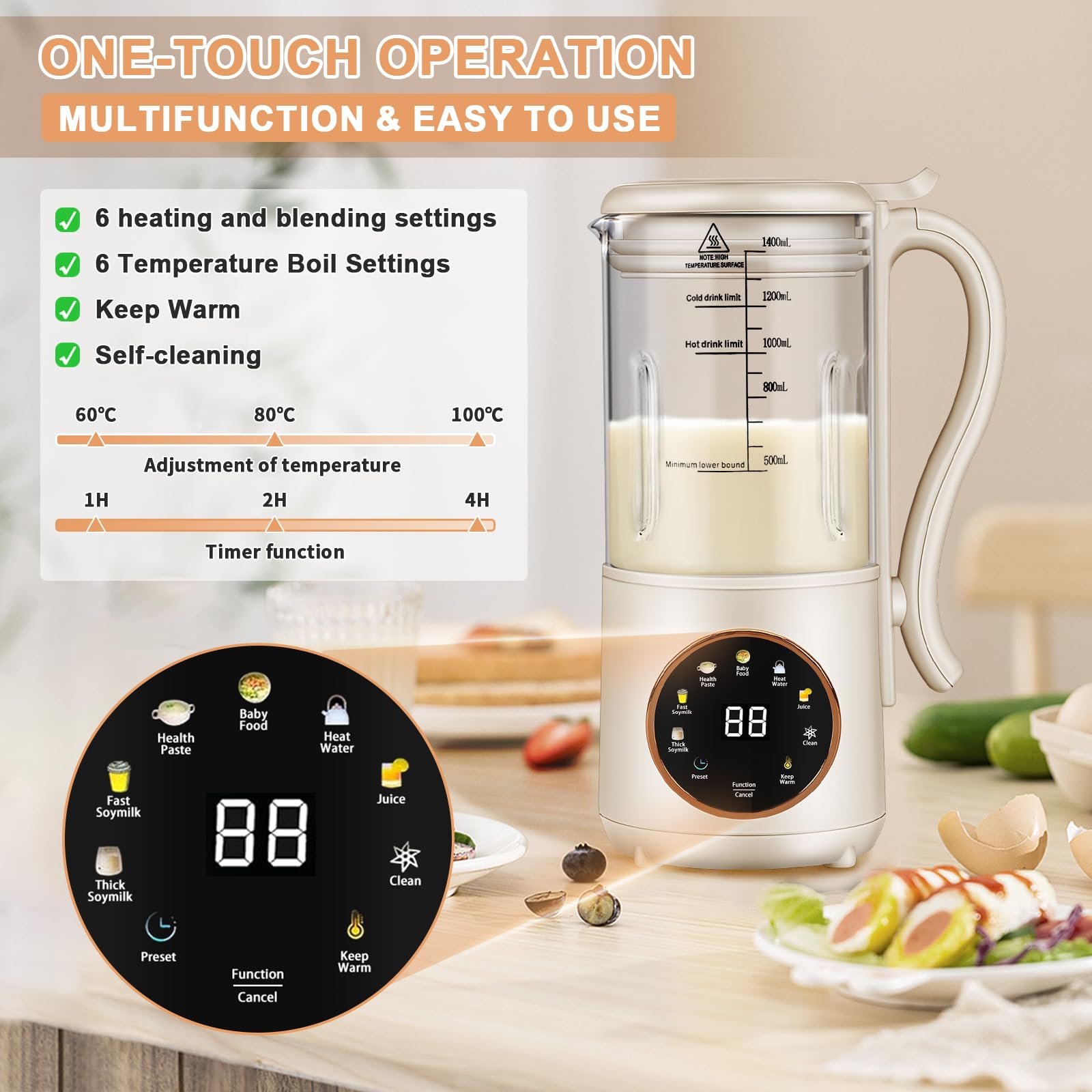 Automatic Nut Milk Maker Machine 47oz (1400ml) - Soy, Oat, Coconut, Almond & Plant-Based Milk Maker with Delay Start, Keep Warm & Boil Water - Perfect for Homemade Baby Food, Vegan Drinks & Healthy Breakfasts