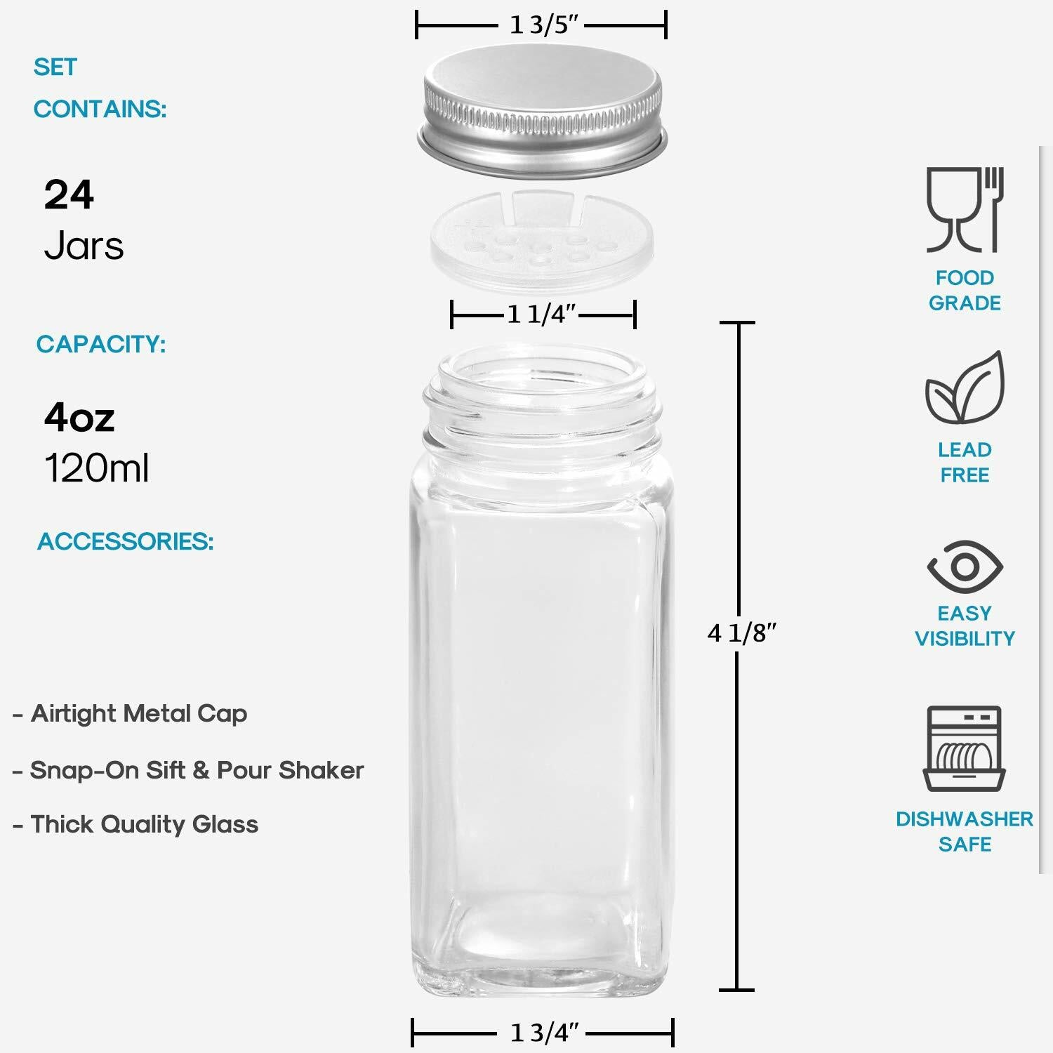 24-Piece 4oz Square Glass Spice Jars with Airtight Metal Lids & Labels - Perfect for Kitchen Pantry Organization, Spice Storage, and DIY Seasoning Containers