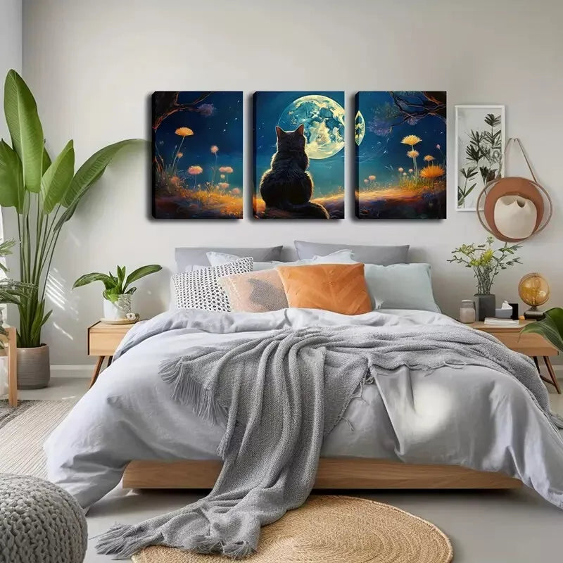 3-Piece Lucky Cat Gazing at the Moon Wall Art Set - Framed Canvas Prints 40x60cm - High Quality Australian Made Wall Decor - Perfect for Living Room, Bedroom & Office Decor