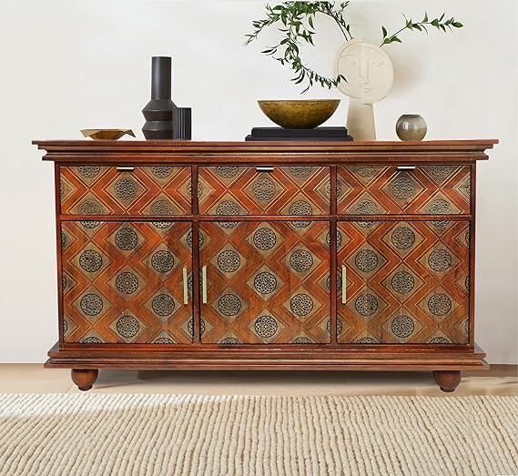 Handcrafted Corsica Traditional Large Gold Inlay Geometric Carving Sheesham Wood Sideboard - Elegant Dining Room Buffet Cabinet for Home Decor