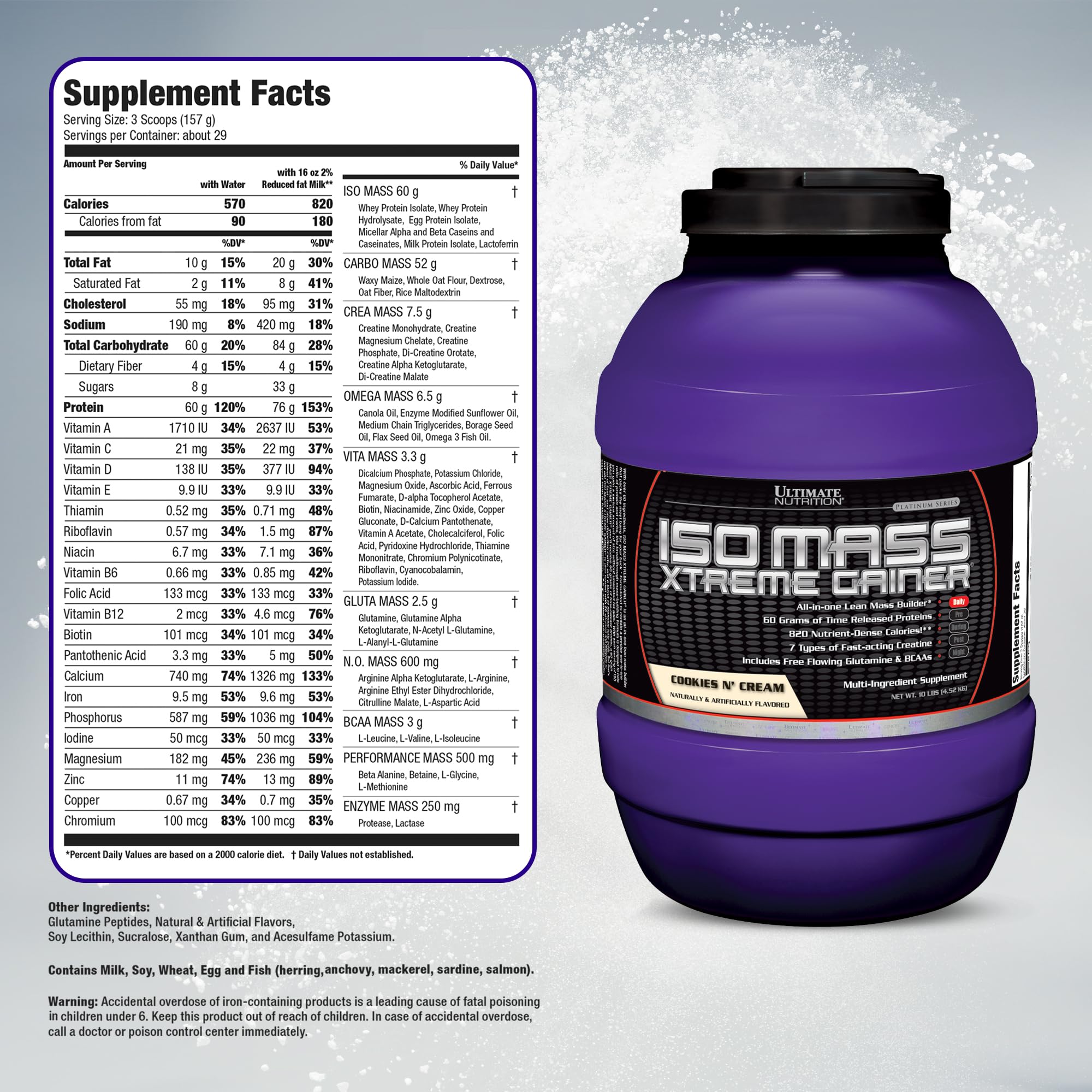 Ultimate Nutrition ISO Mass Xtreme Gainer - High-Calorie Weight Gain Protein Powder with Creatine & Whey Isolate for Muscle Growth, Lean Mass Building - Cookies & Cream Flavor, 10lb - Perfect for Post-Workout Recovery & Bodybuilding