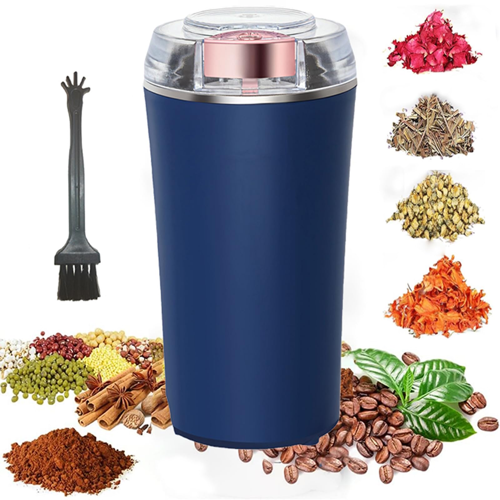 200W Electric Herb Grinder - Powerful & Fast Spice Grinder for Dry Herbs, Coffee Beans, Nuts & Grains - One-Touch Operation with Cleaning Brush - Perfect for Kitchen, Baking & Coffee Brewing
