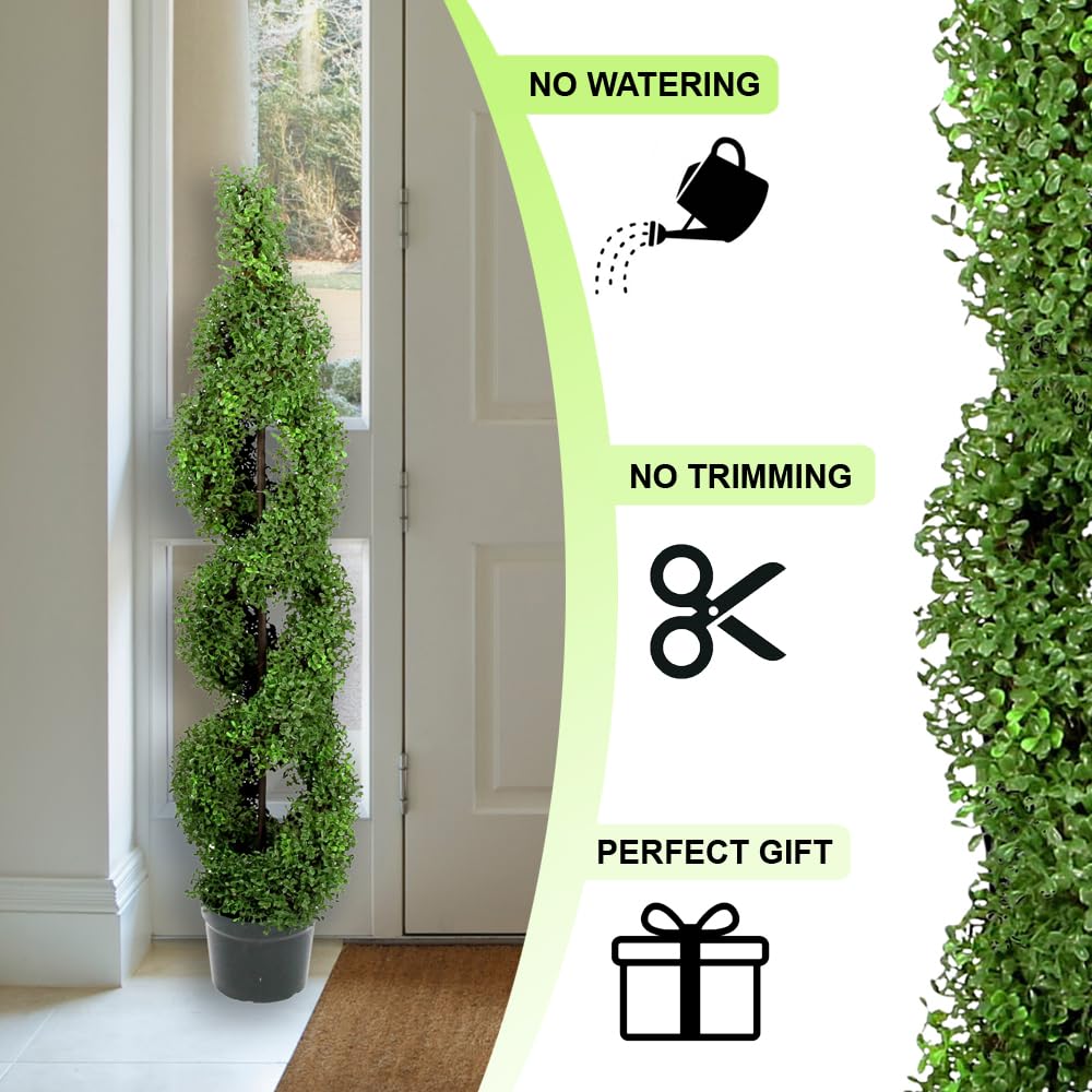Admired By Nature 2-Pack 5' Artificial Boxwood Spiral Topiary Trees in Plastic Pots - Realistic Green Faux Plants for Indoor & Outdoor Decor, Home, Office, Garden, and Patio