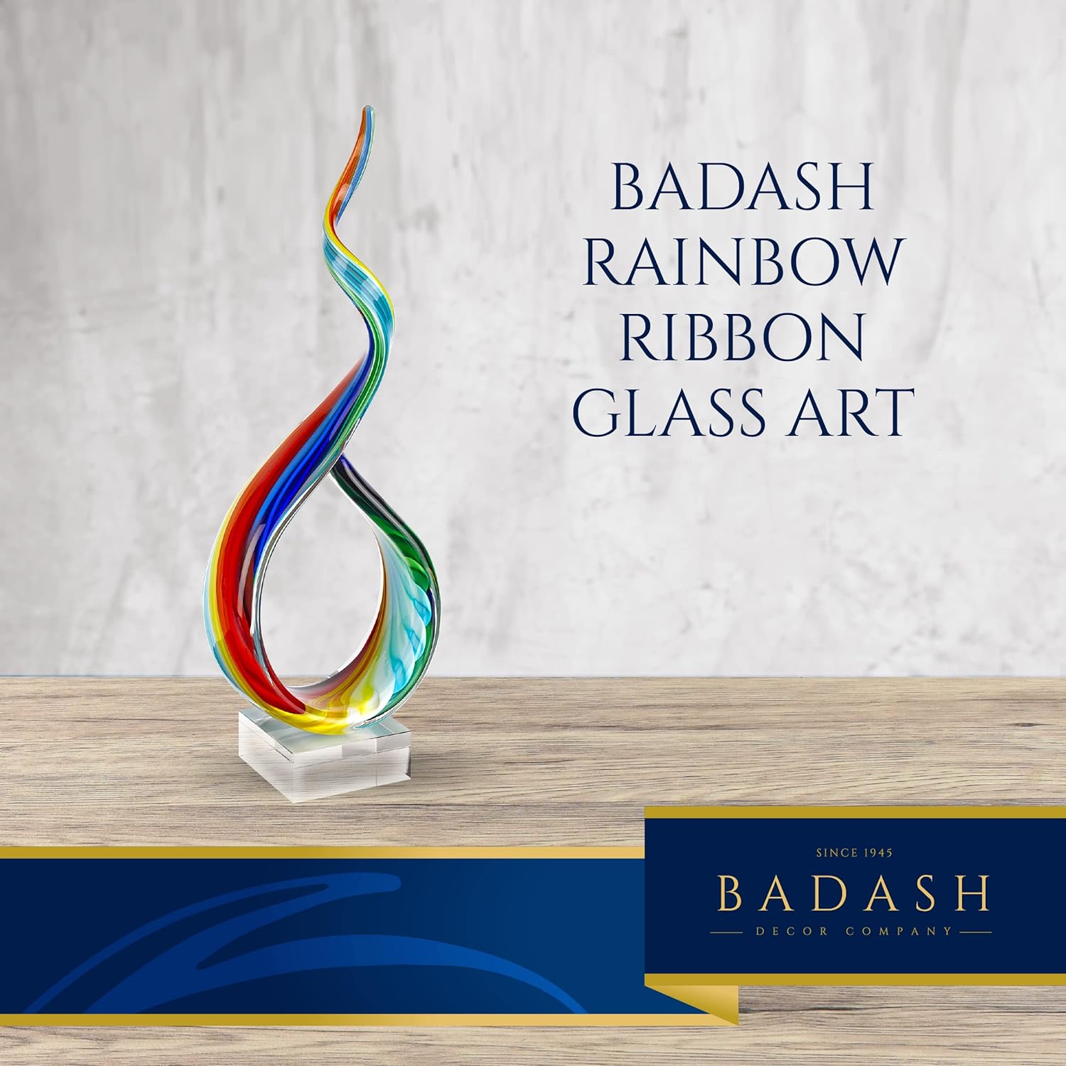 Badash Rainbow Murano Style Glass Sculpture - 18 Inch Hand Blown Art Statue with Crystal Base | Elegant Home Decor for Living Room, Office & Gift Giving
