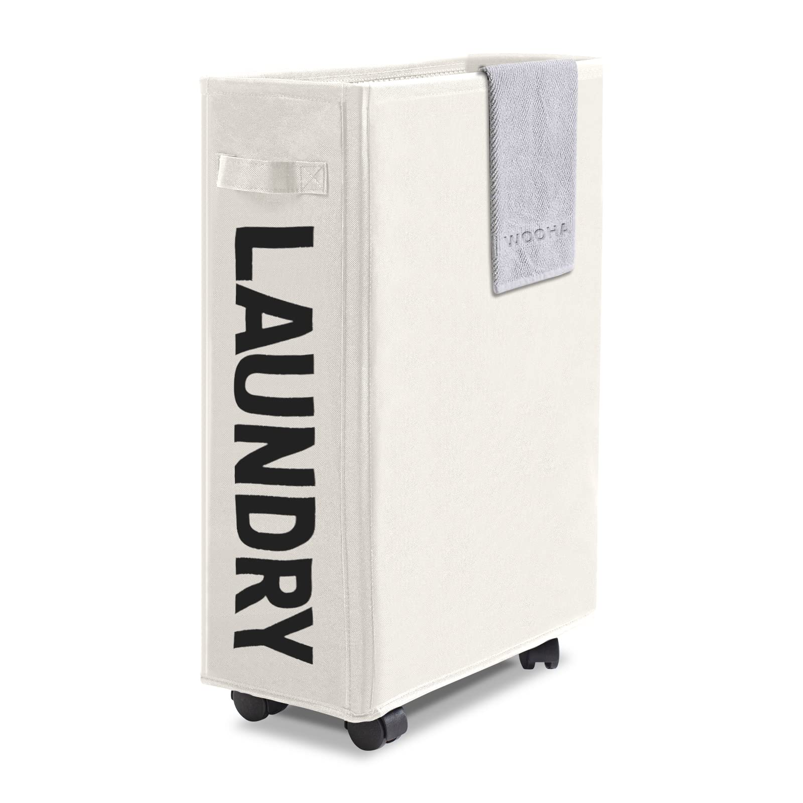 Wooha Rolling Slim Laundry Basket with Handle - Collapsible Laundry Sorter & Organizer - Tall Thin Storage Basket with Wheels for Home Corner - White | Perfect for Small Spaces, Apartments & Laundry Room Organization