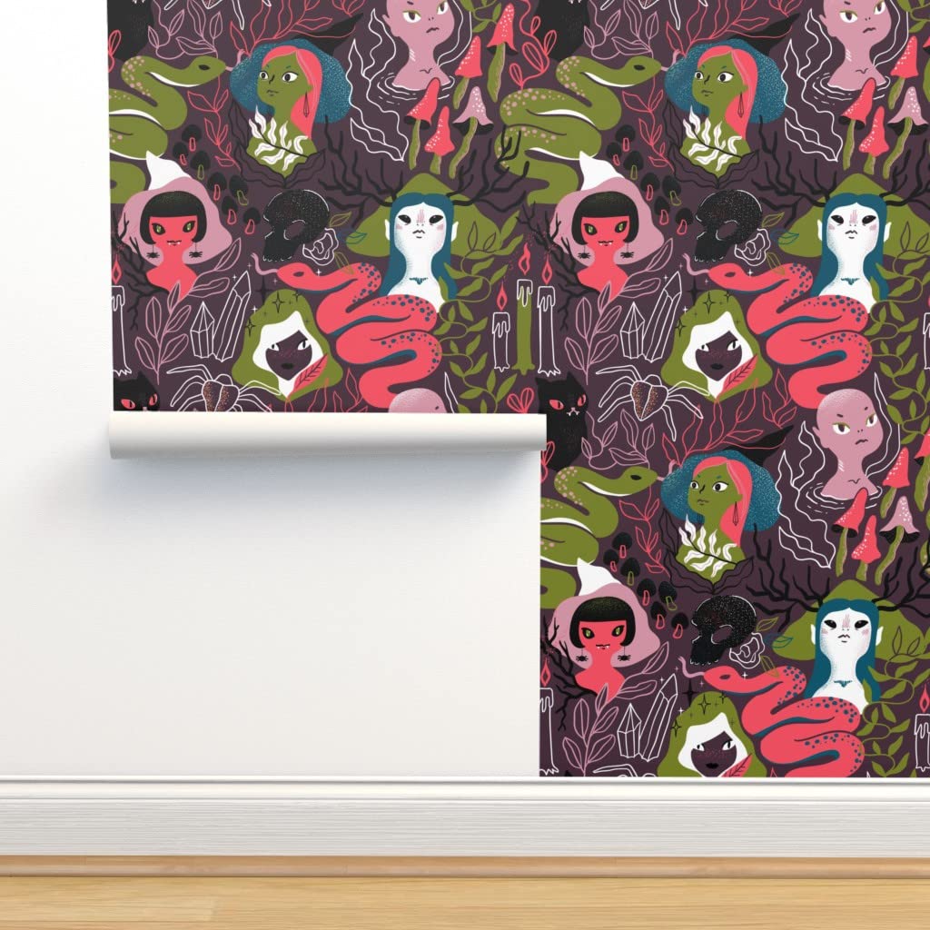 Removable Halloween Witch Magic Wallpaper 12ft x 2ft - Spooky Autumn Decor, Pre-Pasted Peel & Stick Wallpaper by Spoonflower - Perfect for Bedroom, Living Room, and Party Decoration