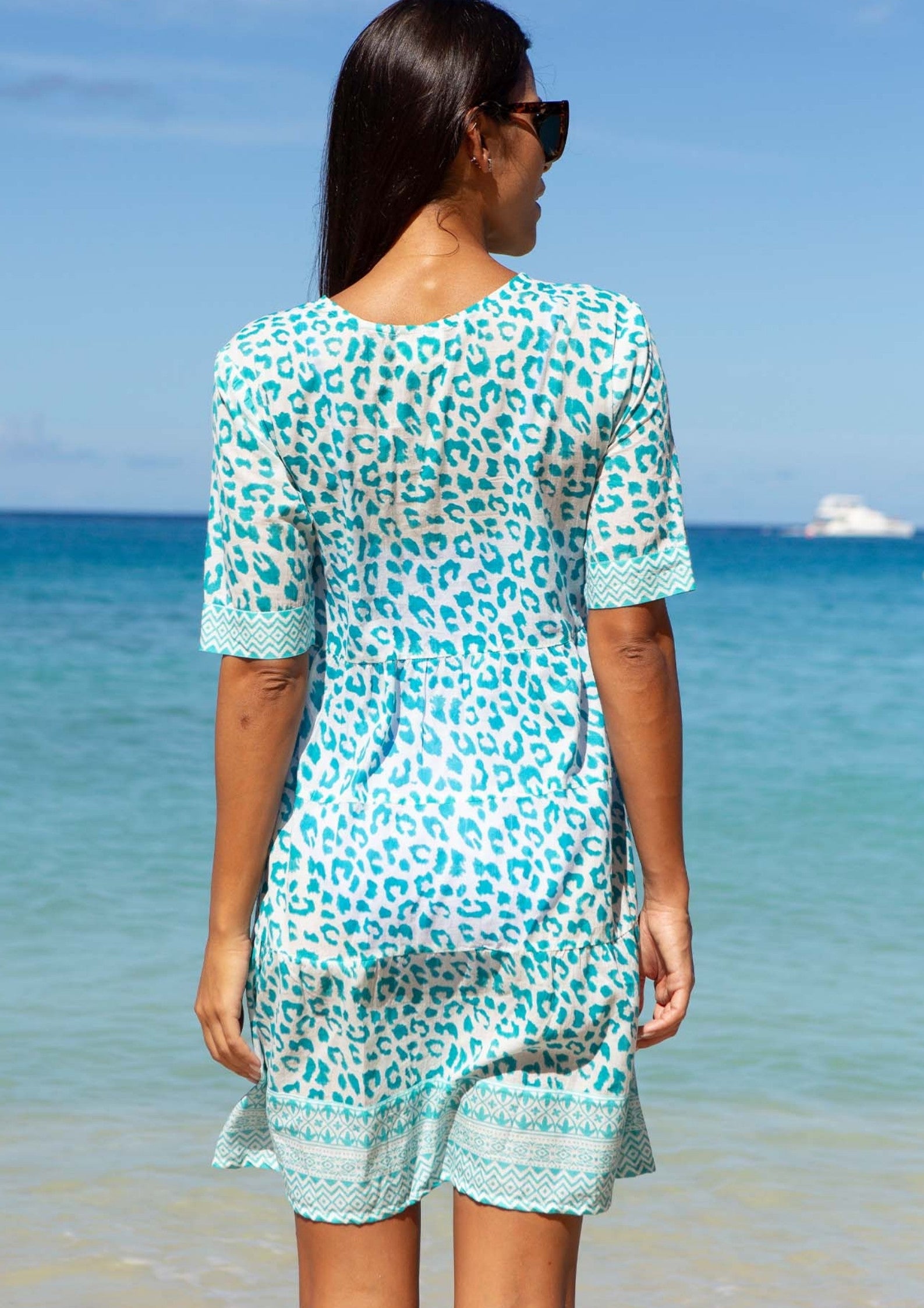 Santorini Kaftan - Soft Cheetah Print White & Turquoise Beach Cover Up for Women | Perfect for Summer Vacations, Pool Parties and Resort Wear