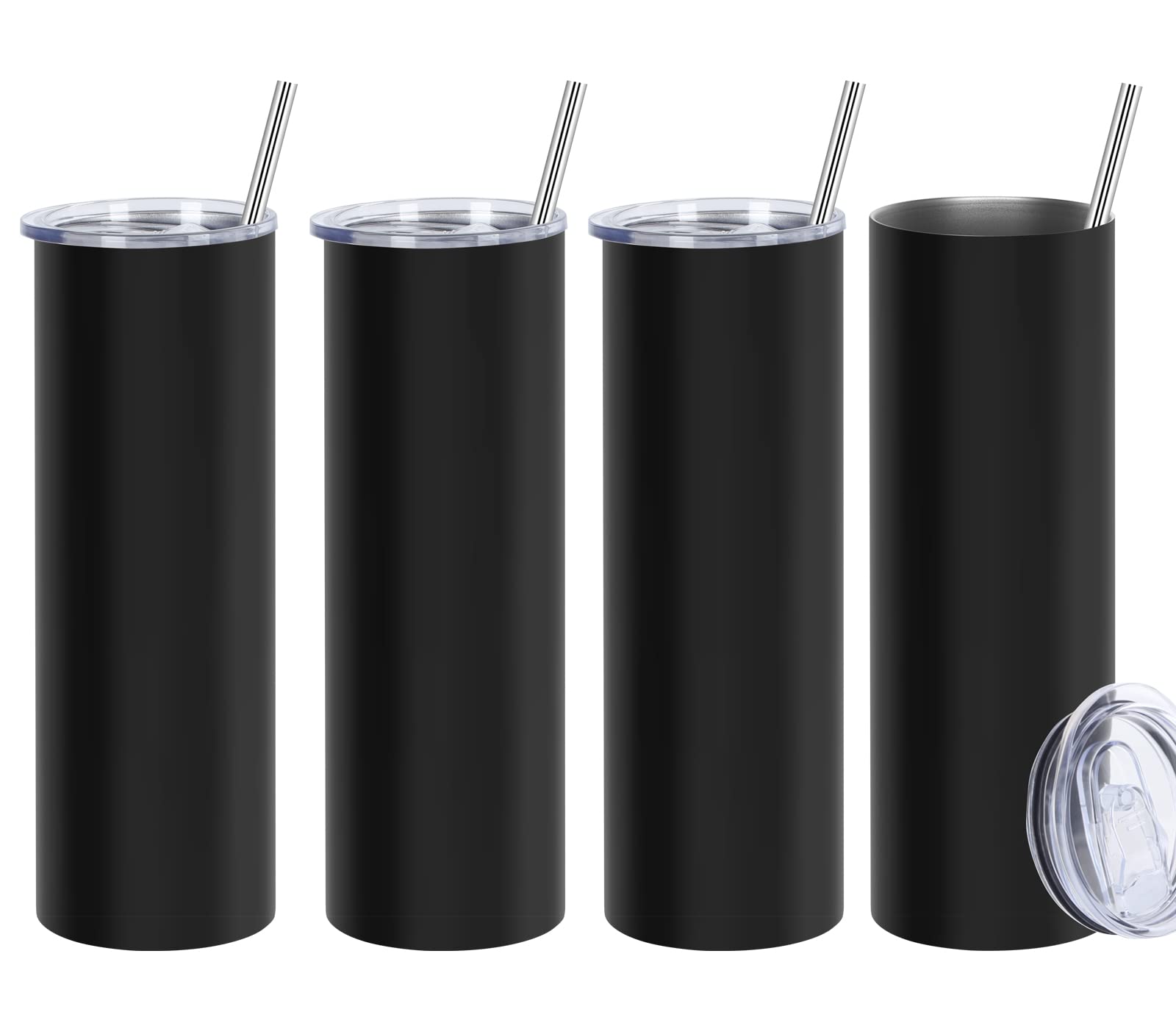 30 Oz Straight Skinny Tumbler Set - 4 Pack Stainless Steel Slim Tumblers with Lids & Straws, Insulated Skinny Water Bottles for DIY, Office, Gym, Travel - Black (Perfect for Iced Coffee, Smoothies & Cold Drinks)