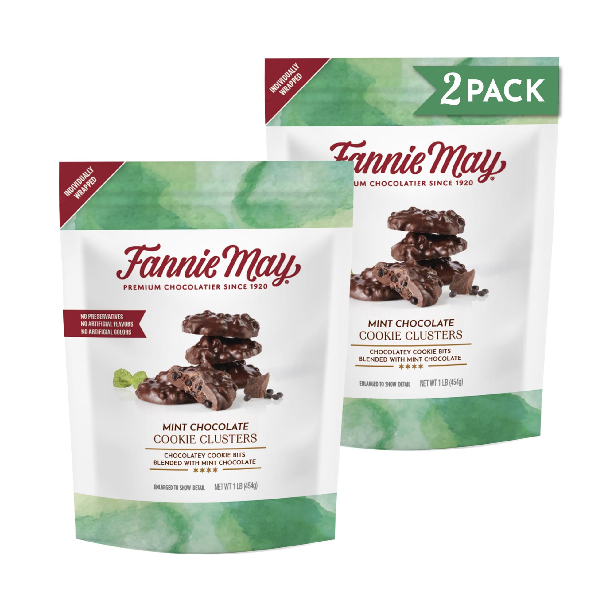 Fannie May Premium Mint Chocolate Cookie Clusters - 2 Bags (32 oz Total) - Gourmet Holiday Chocolate Gifts for Christmas, Birthday & Corporate Events