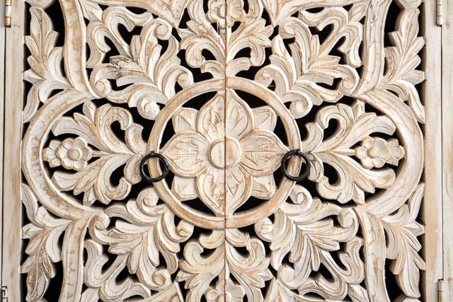 Hand Carved Floral Pattern White Buffet Table - Wood Carving Sideboard with Storage | Elegant Dining Room Furniture for Home Decor & Entertaining