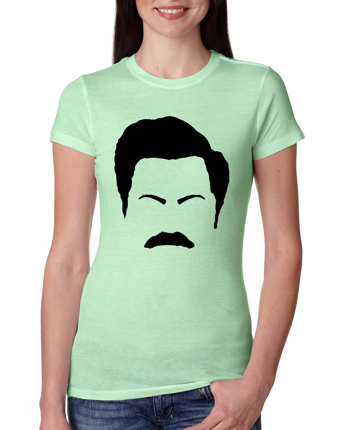 Ron Swanson Mustache Face Silhouette T-Shirt - Parks and Recreation Pop Culture Tee for Women | Slim Fit Junior Style | Perfect for TV Show Fans, Gift Giving & Casual Wear