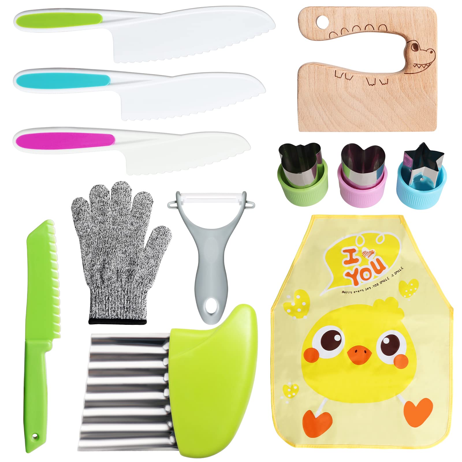 12-Piece Wooden Kids Kitchen Knives Set - Safe Cooking Tools for Toddlers with 4 Plastic Knives, Crinkle Cutter, Cutting Board, Y-Peeler, Resistant Gloves, 3 Cutter Shapes & Apron - Perfect for Early Cooking Skills & Pretend Play