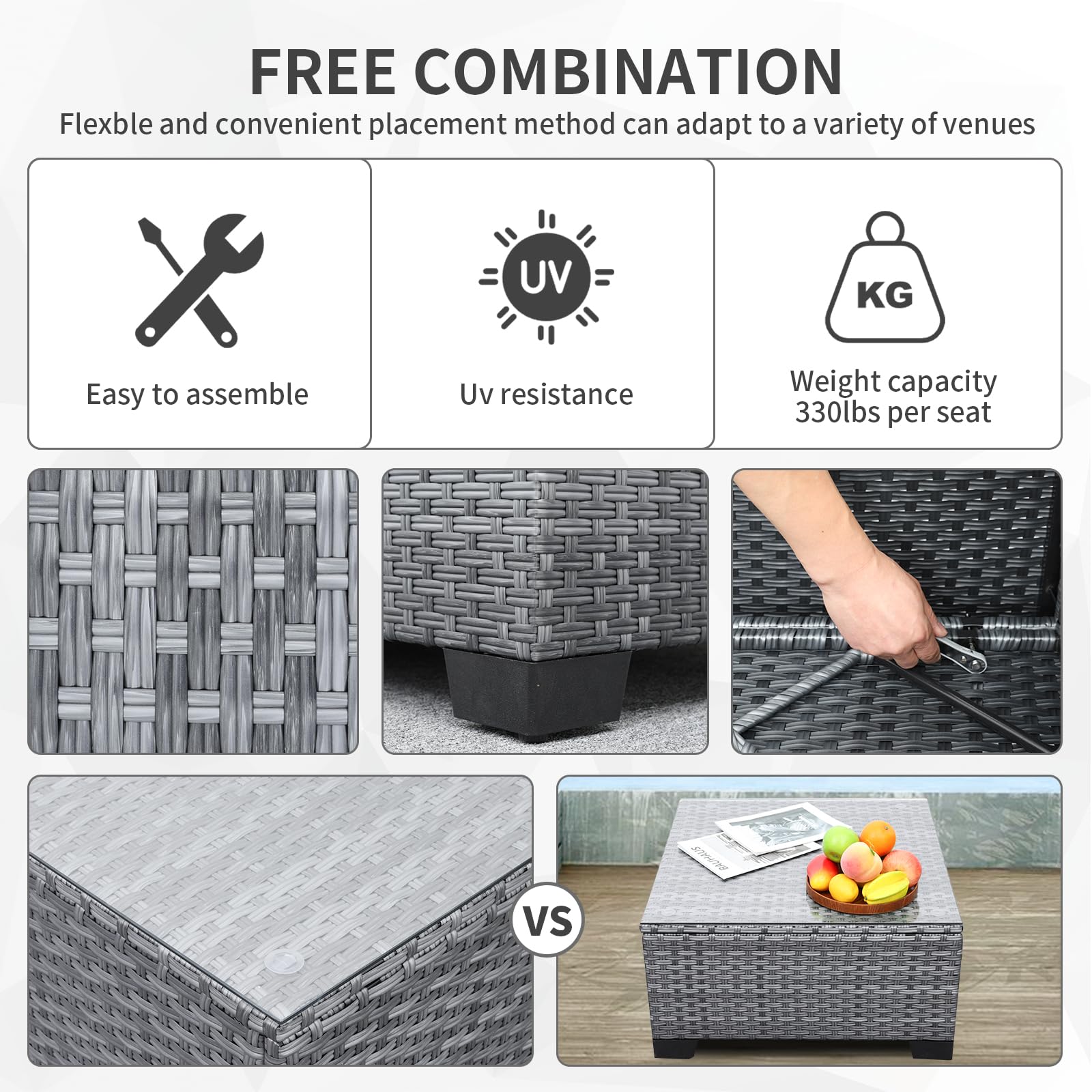 Valita 7-Piece Outdoor PE Wicker Patio Furniture Set - Gray Rattan Sectional Sofa with Washable Cushions for Garden, Poolside & Backyard Relaxation