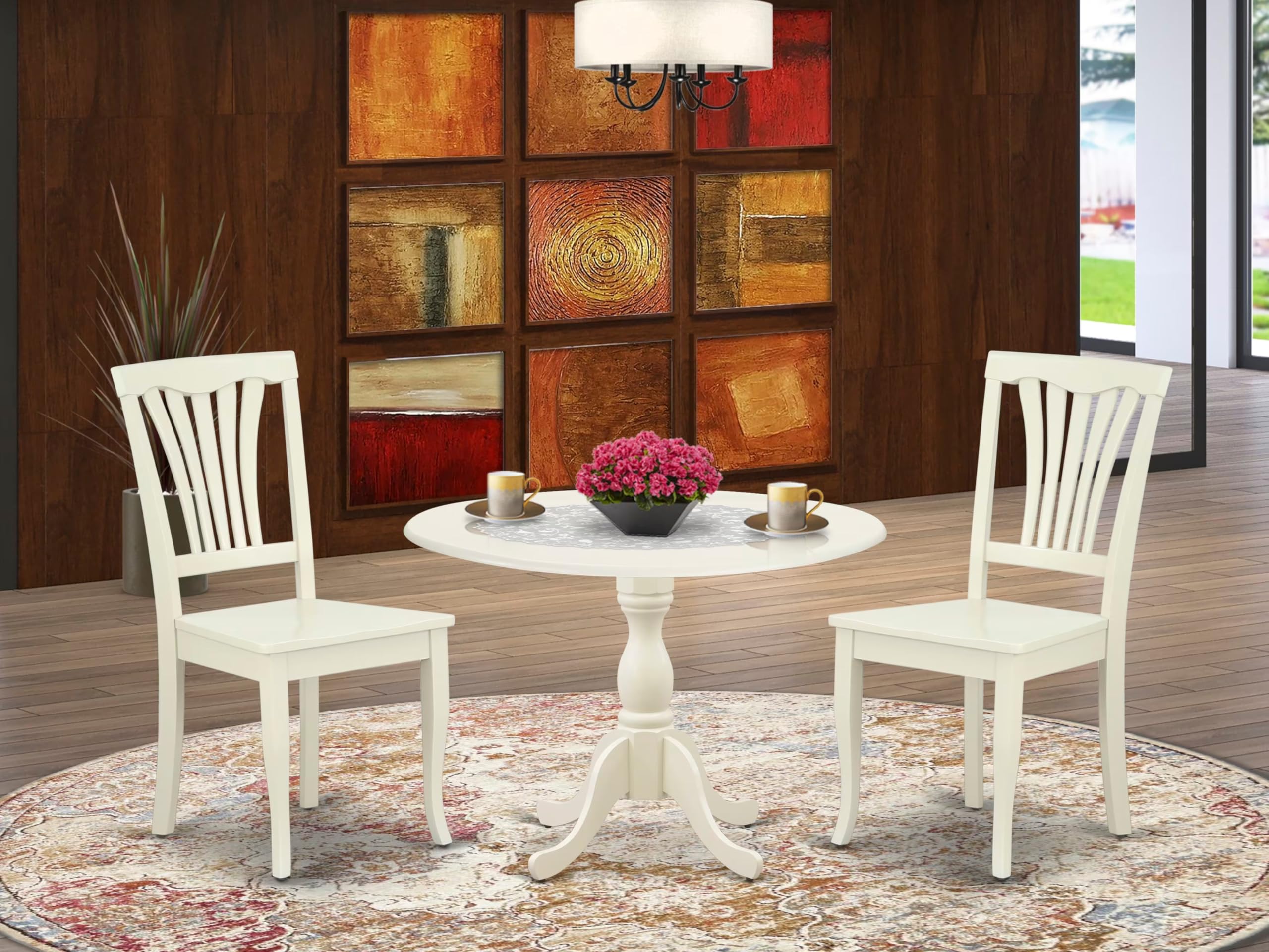 East West Furniture DMAV3-LWH-W 3-Piece Round Dining Table Set with Drop Leaf & 2 Wooden Chairs, 42x42 Inch, Linen White - Perfect for Small Spaces, Breakfast Nooks, and Cozy Apartments