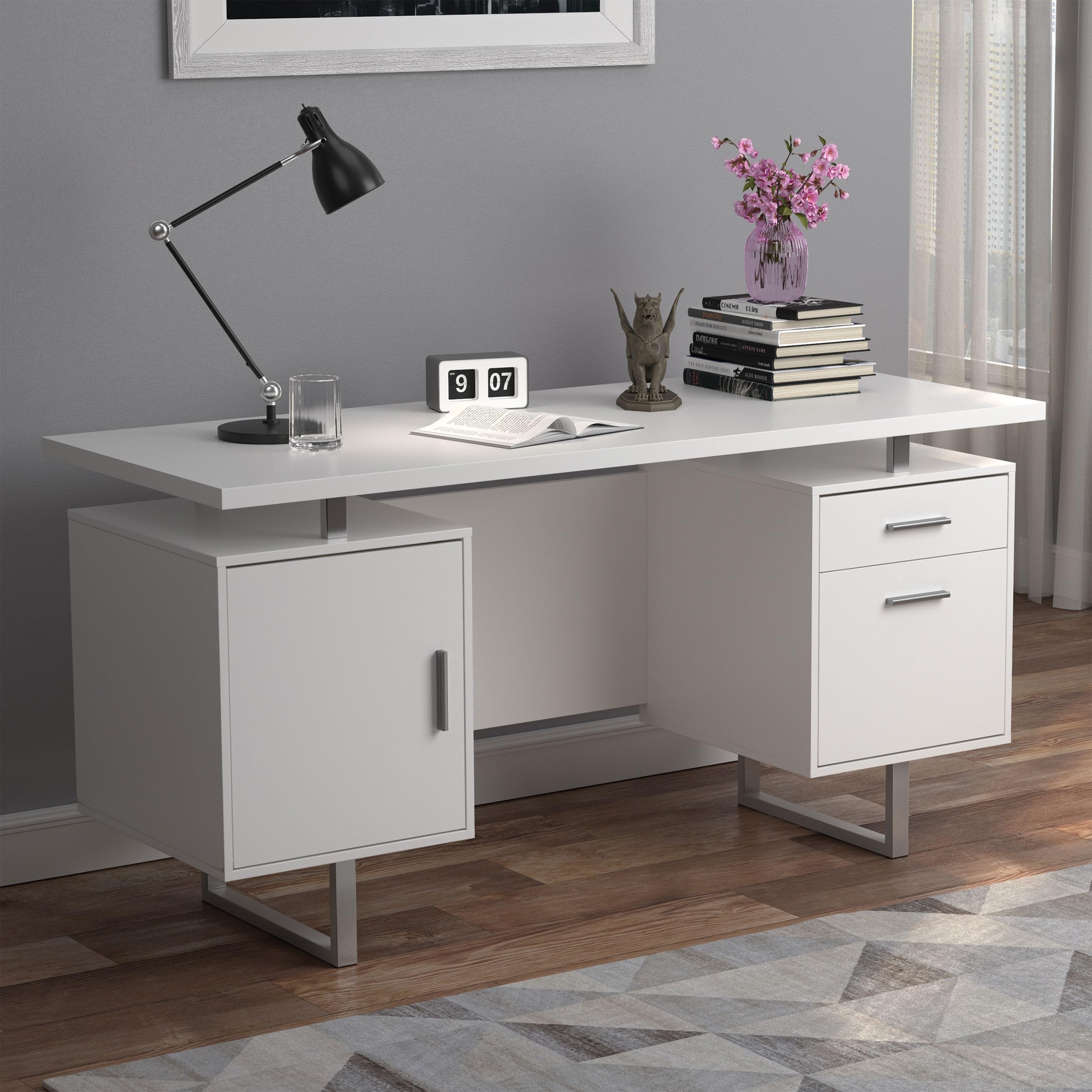Modern Contemporary 2-Drawer Home Office Writing Desk with Storage File Cabinet - Silver Metal Frame & White High Gloss Finish - Perfect for Small Spaces, Home Offices, and Workspaces (Model 803521)