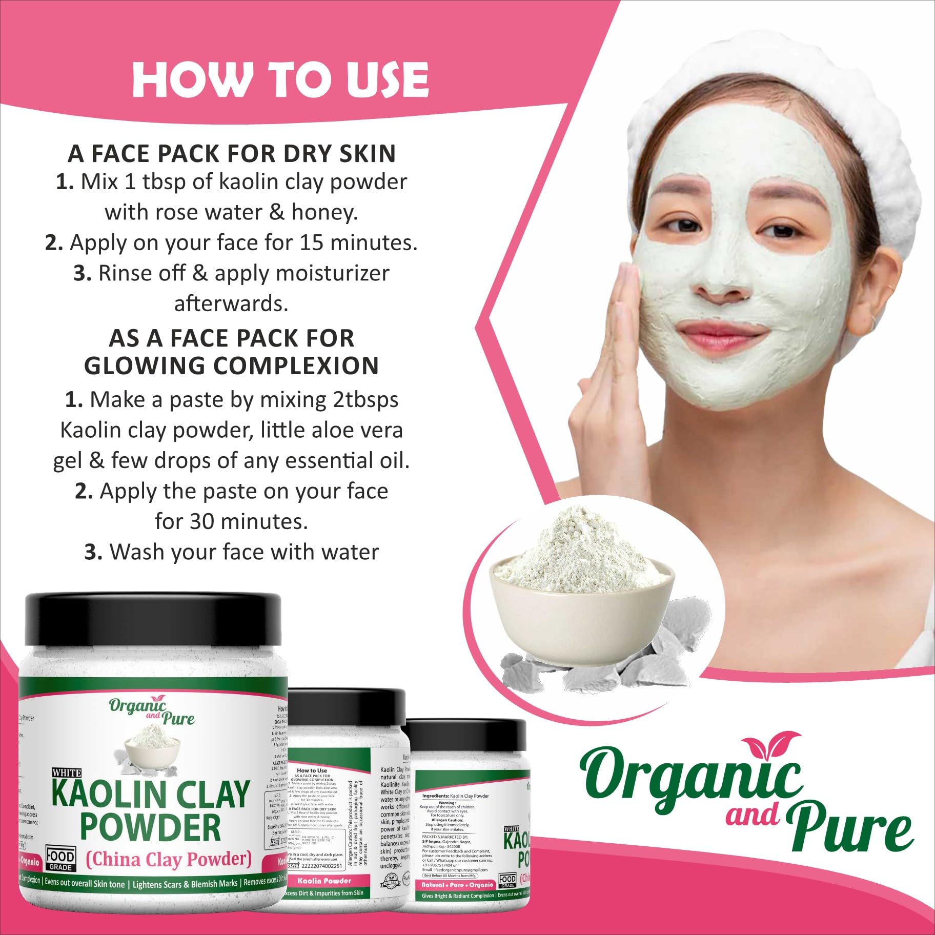 **Organic Kaolin Clay Powder for Skin Whitening & Acne Treatment - 150g Jar - Pure White China Clay for Face, Hair & Body Care - Ideal for DIY Masks, Scrubs & Spa Treatments**