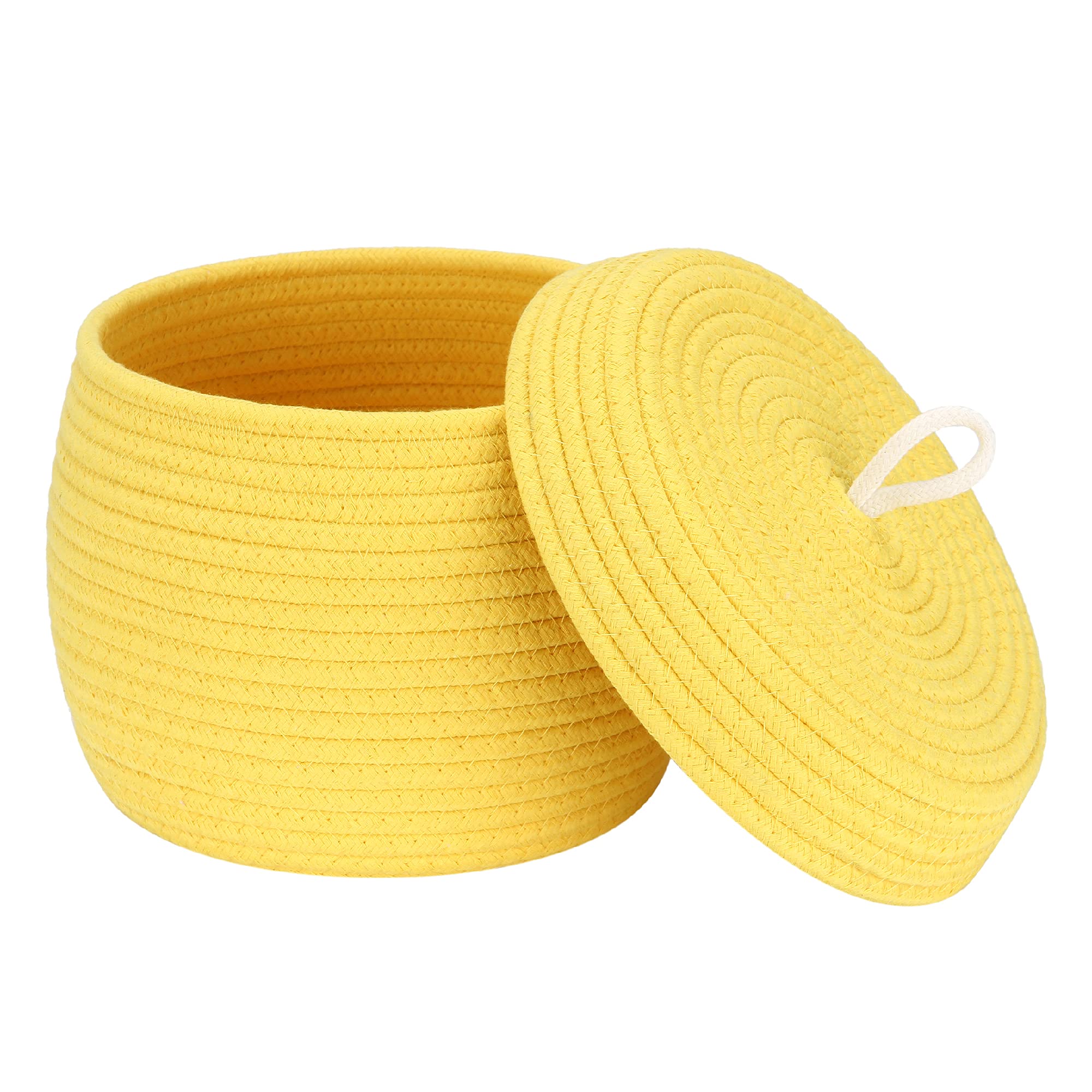 Sea Team Round Cotton Rope Storage Basket with Lid - Decorative Woven Organizer Bin for Home, Nursery & Office - Perfect for Snacks, Towels, Plants & Toys - 10 x 7.5 Inches (Small, Yellow) - Ideal for Living Room, Bedroom & Bathroom Storage
