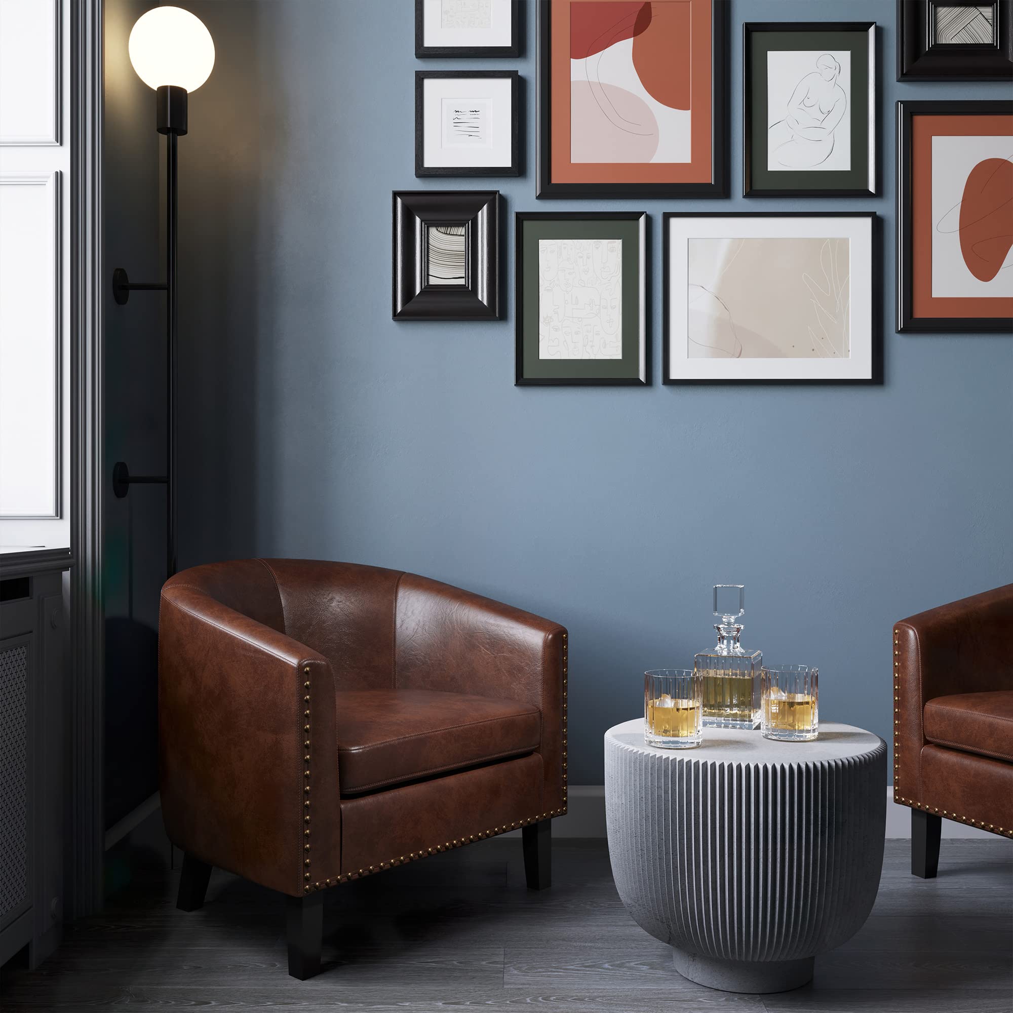 BELLEZE Modern Accent Barrel Chairs Set of 2 - Faux Leather Upholstered Tub Club Chairs with Gold Nail Head Trim & Black Legs for Living Room, Lounge, Bedroom - Kyara Brown (Perfect for Reading Nook, Coffee Corner or Cozy Conversation Area)