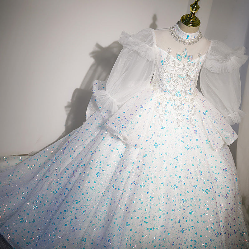 Elegant White Sequined A-Line Flower Girl Dress with Puff Long Sleeves – Perfect for Weddings, Pageants & Special Occasions