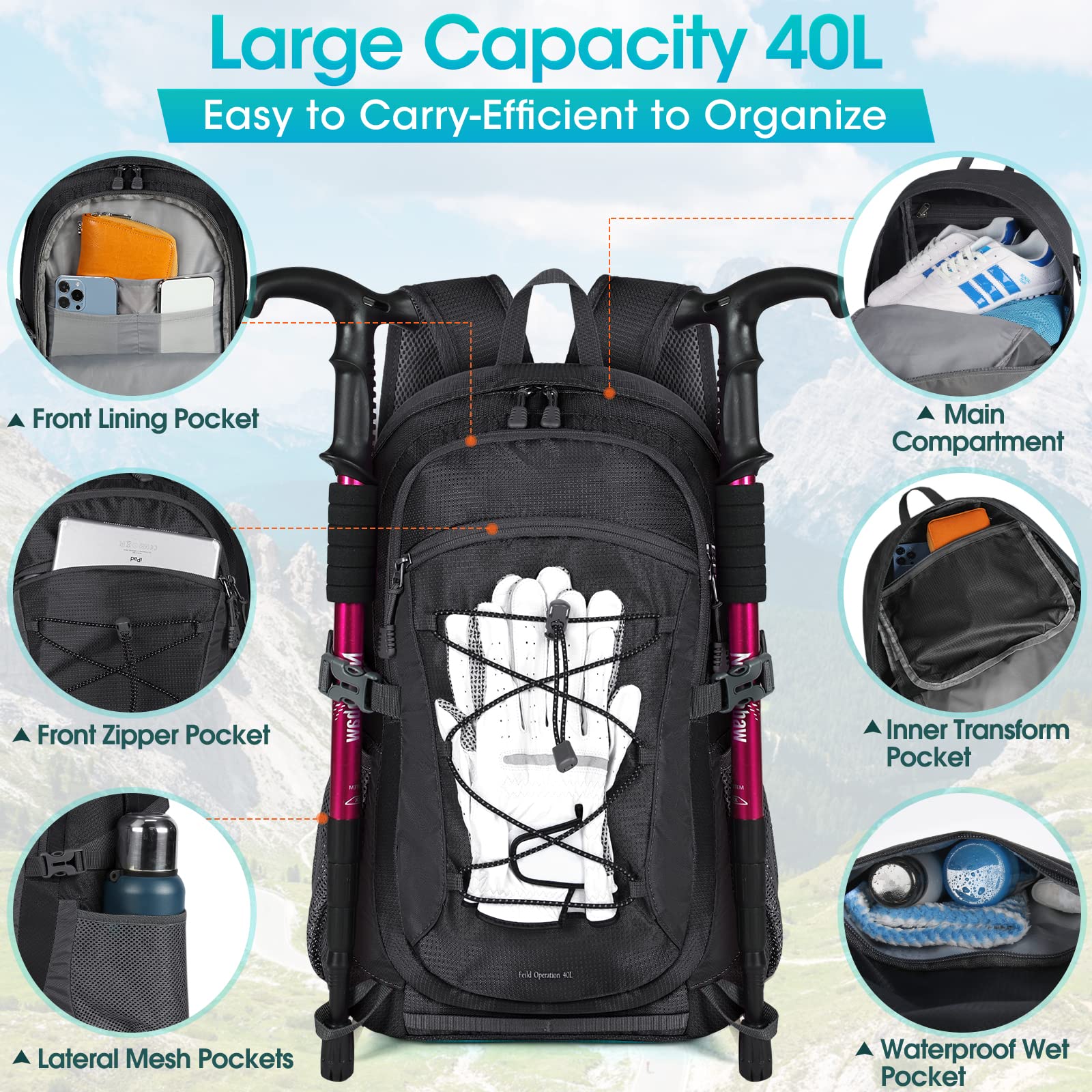 RAINSMORE 40L Waterproof Hiking Backpack - Lightweight Packable Camping Backpack for Men & Women - Perfect for Outdoor Travel, Hiking, Camping & Day Trips