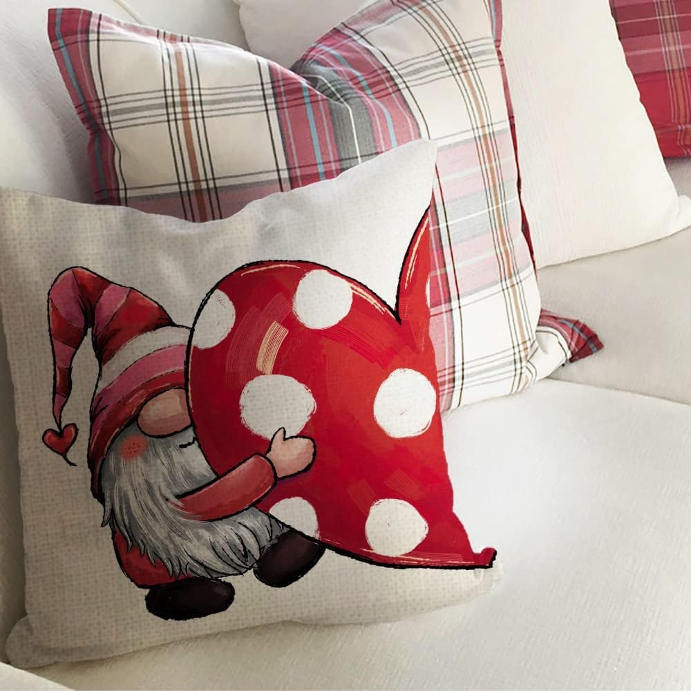 Valentine's Day Pillow Covers 20x20 Inch Set of 4 - Red Polka Dot Heart Gnome Decor for Home, Couch & Bedroom - Romantic Throw Pillow Covers for Valentine's Gifts, Couples & Anniversary Decorations