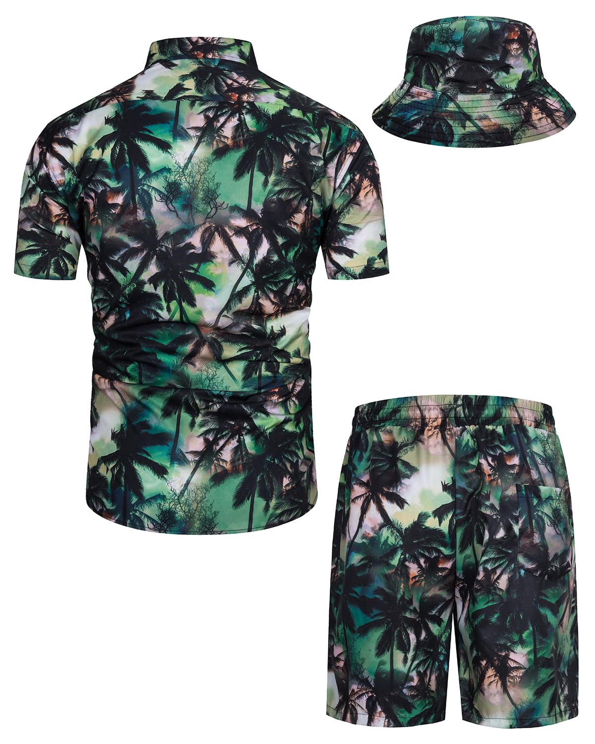 TUNEVUSE Men's Hawaiian Shirt and Shorts Set - 2 Piece Tropical Beach Outfit with Floral Print & Bucket Hat | Summer Vacation, Luau Party, Poolside Relaxation