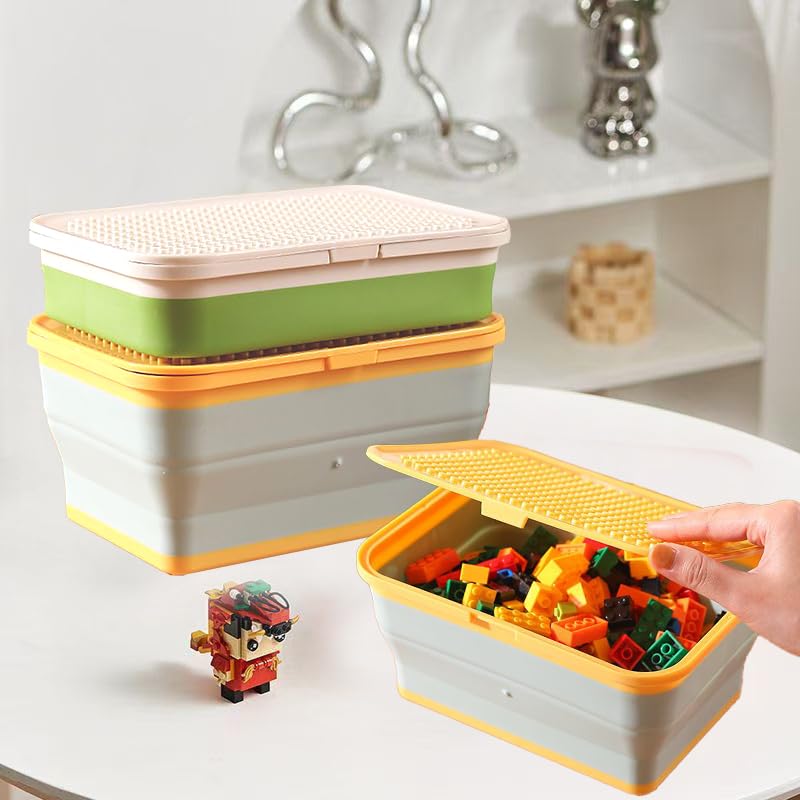 Lego Storage Organizer with Baseplate Lid & 5 Compartment Bags - Compressible Brick Box for Lego Toys, Building Blocks & Tabletop Games | Perfect for Kids' Playroom, Classroom & Travel Organization