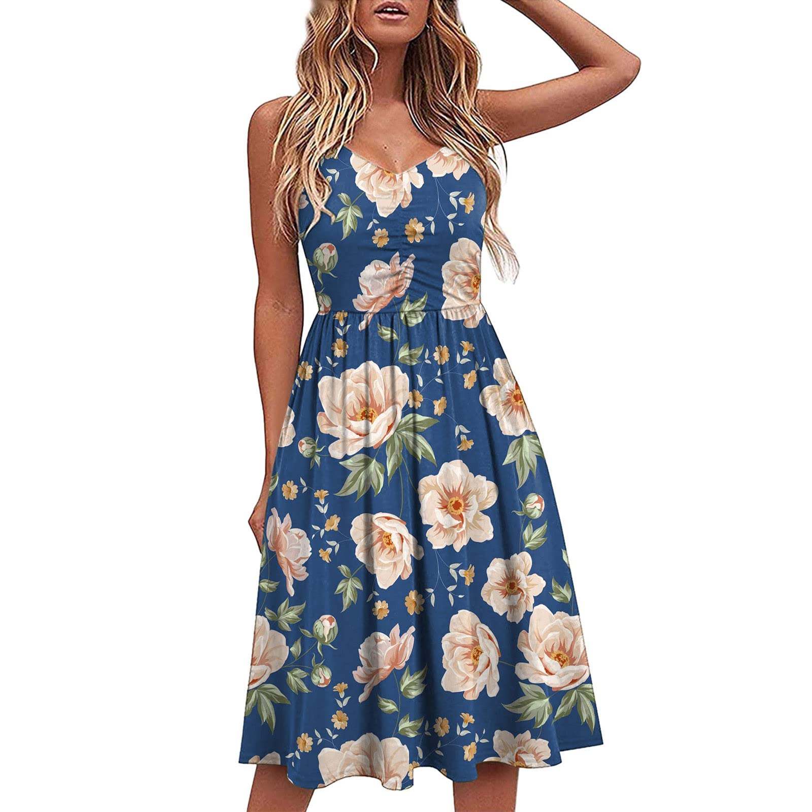 Women's Floral Midi Sundress - V Neck Spaghetti Strap Sleeveless Summer Dress for Casual Wear, Beach Vacation & Party Outfits | Lightweight Breathable Fabric for Ladies