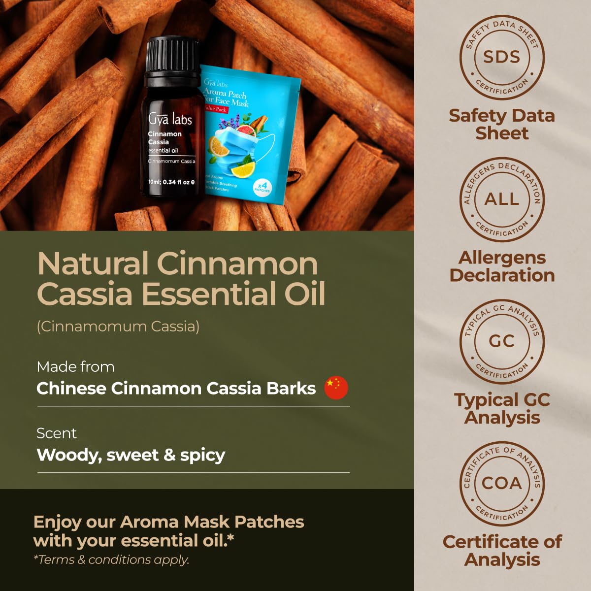 Gya Labs 100% Pure Natural Cinnamon Cassia Essential Oil - 0.34 Fl Oz for Hair Care, Skin Care, Aromatherapy Diffuser, DIY Recipes & Candle Making - Perfect for Relaxation, Spa Days & Home Fragrance