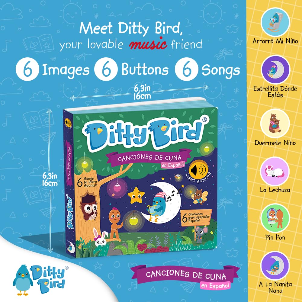 Ditty Bird Spanish Learning Books for Toddlers - Interactive Bedtime Songs & Nursery Rhymes | Bilingual Early Education & Sleep Time Fun
