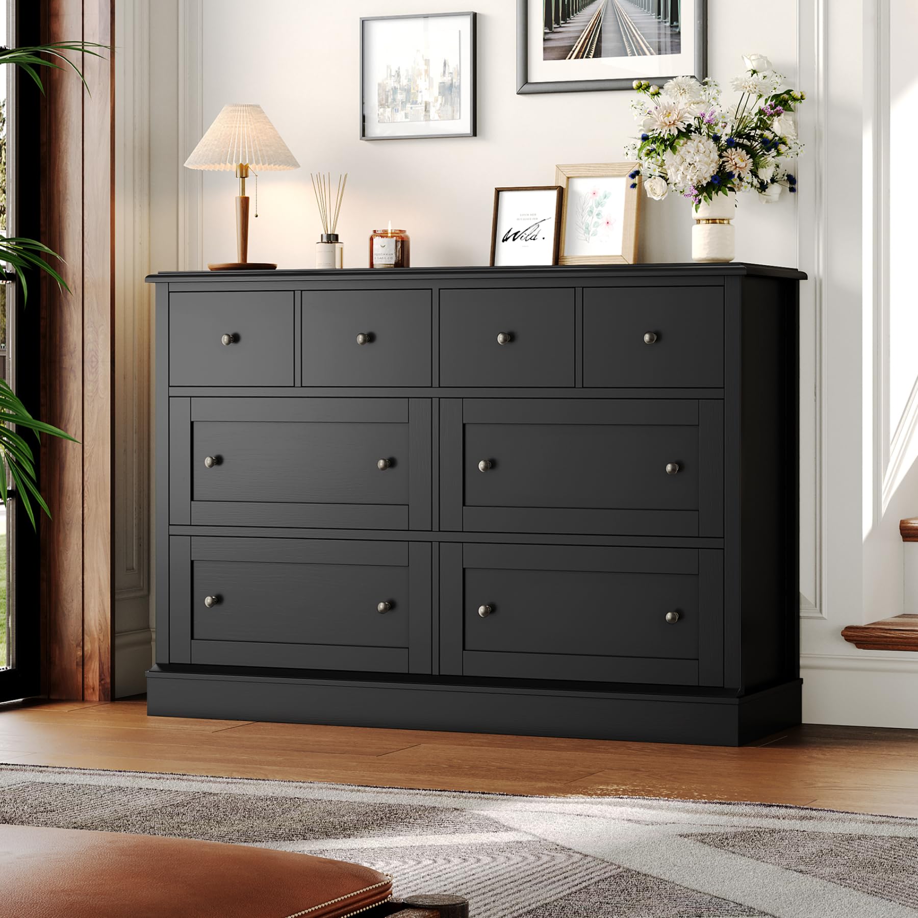 FINETONES 8-Drawer Black Dresser, 47.2