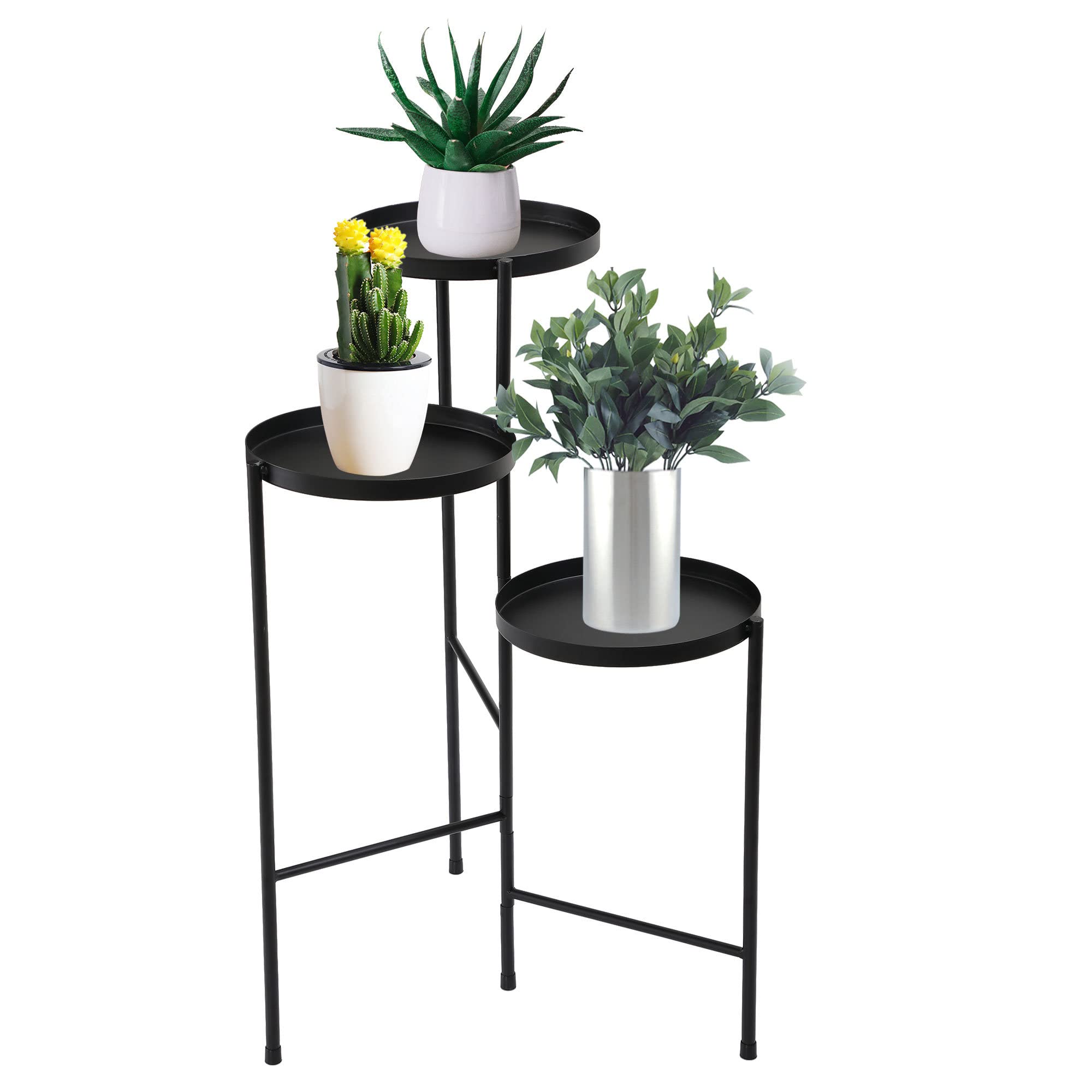 3-Tier Foldable Metal Plant Stand with Trays - Indoor & Outdoor Flower Shelf for Living Room, Bedroom, Balcony, Hallway - Sturdy Black Plant Holder for Succulents, Herbs & Small Potted Plants