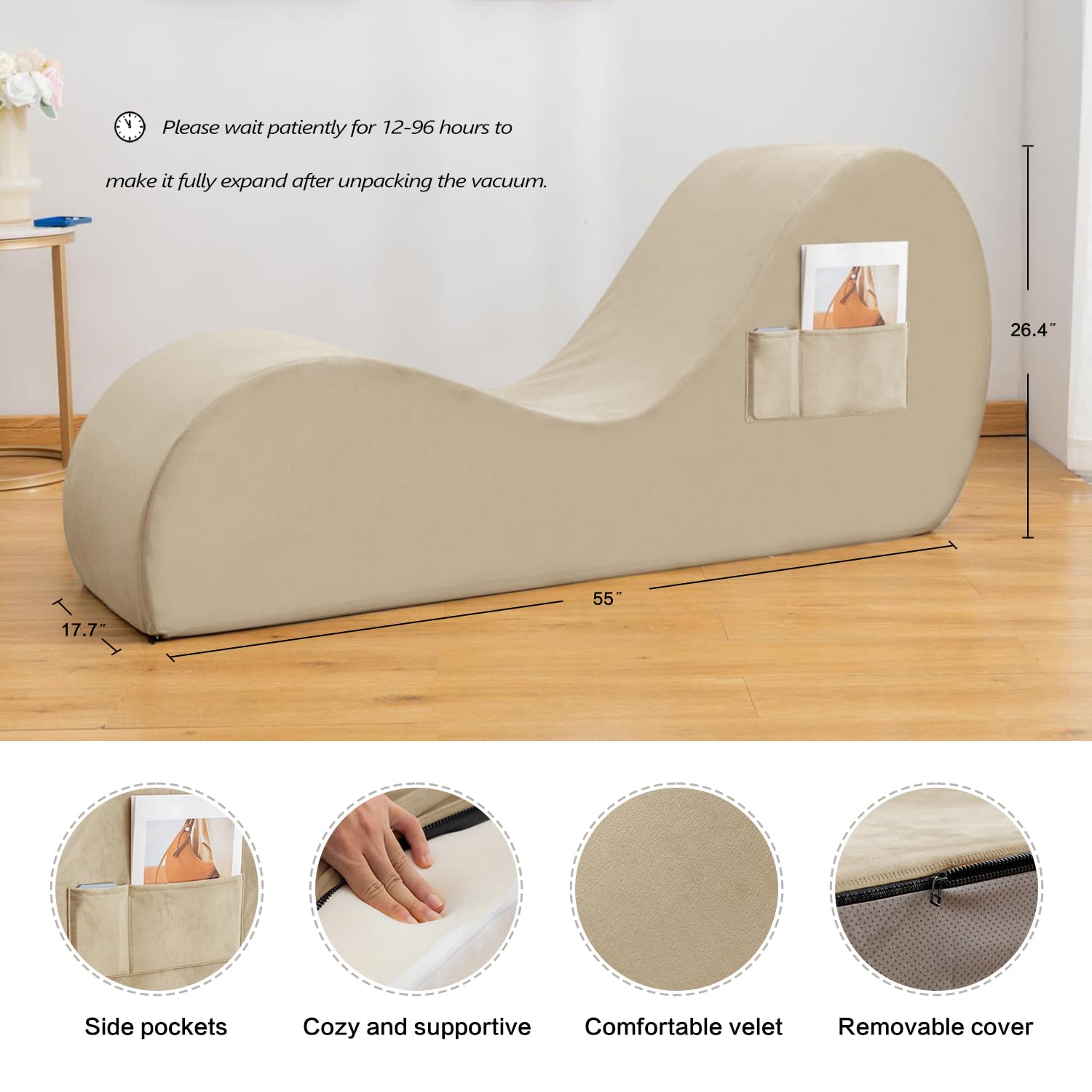 Premium Velvet Yoga Chaise Lounge Chair for Stretching & Relaxation - Non-Slip Bottom with Side Pockets & Removable Cover - Perfect for Couples, Adults & Home Yoga Practice in Bedroom, Living Room or Studio (Beige)