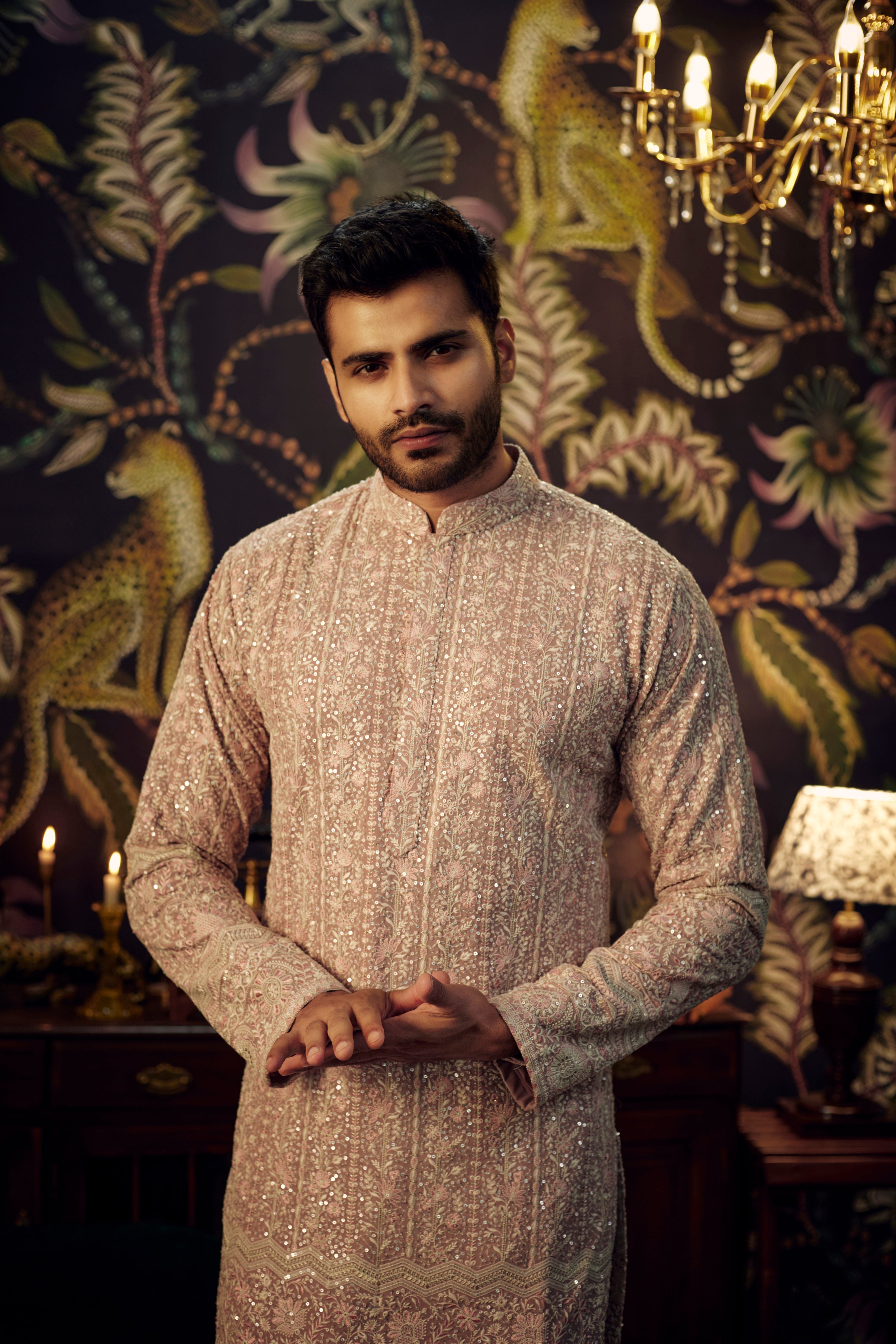 Elegant Mud Pink Chikankari Kurta with Intricate Floral Embroidery - Perfect for Festivals, Weddings & Ethnic Occasions
