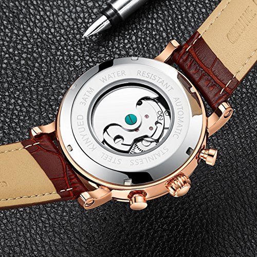 Men's Tourbillon Automatic Watch - Rose White Leather Strap for Business & Casual Wear
