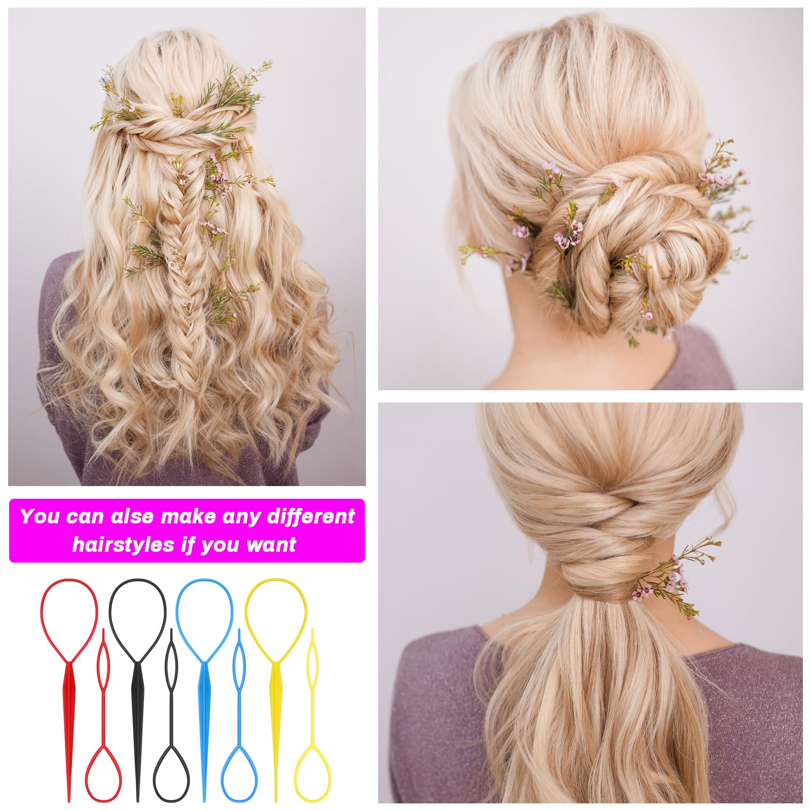 AHIER 8Pcs Hair Styling Kit - Topsy Tail Ponytail Maker, French Braid Tool, Hair Braiding Accessories with 4 Color Hair Loops for Women & Girls | Perfect for DIY Hairstyles, Parties & Everyday Use