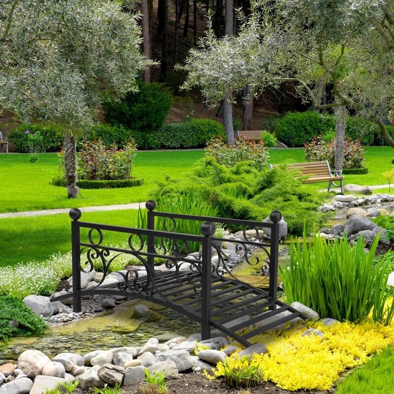 Garden Iron Bridge with Round Ball - Decorative Outdoor Metal Bridge for Landscaping, Yard, and Garden Decor - Perfect for Pathways, Flower Beds, and Water Features