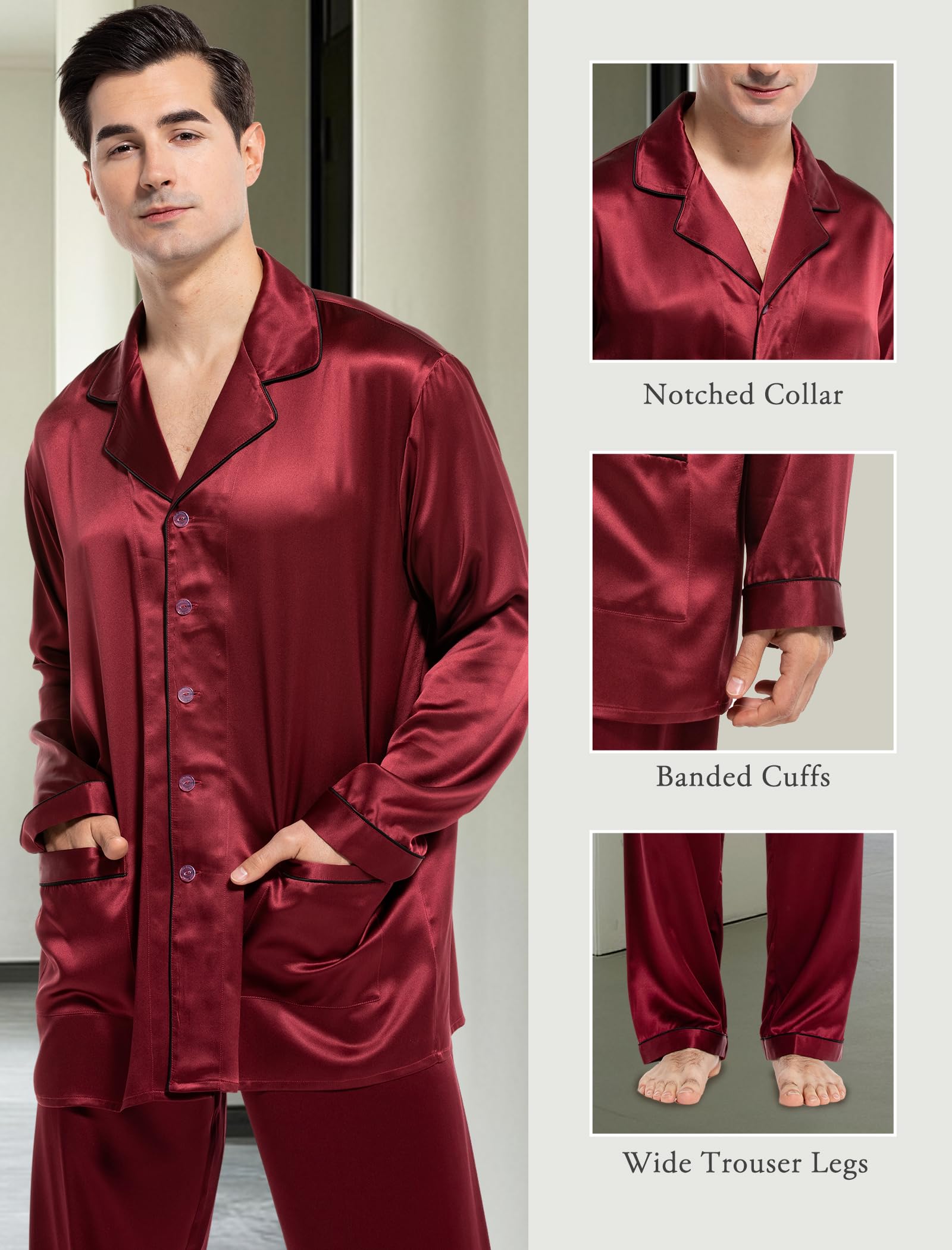 Luxury Men's Silk Pajama Set - 2PC Long Sleeve Button Down Sleepwear for Men | Soft & Breathable Silk PJs for Comfortable Sleep, Lounging & Relaxation at Home