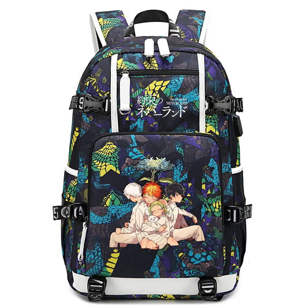 RTXBQU Anime The Promised Neverland Backpack for Boys & Girls - Large Capacity Travel & School Bookbag with USB Charging Port - Perfect for Cosplay, Conventions & Daily Use (Color 2)