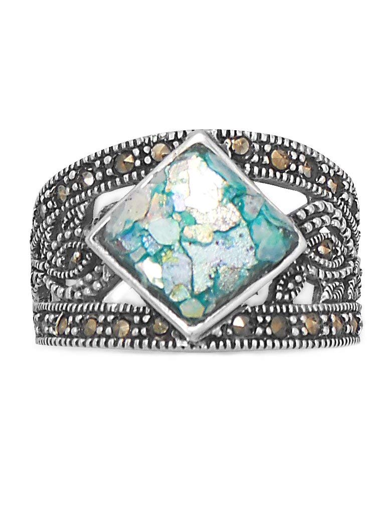 Ancient Roman Glass Ring with Marcasite Band - Sterling Silver Jewelry for Women - Vintage Inspired Wedding, Anniversary & Special Occasion Gift