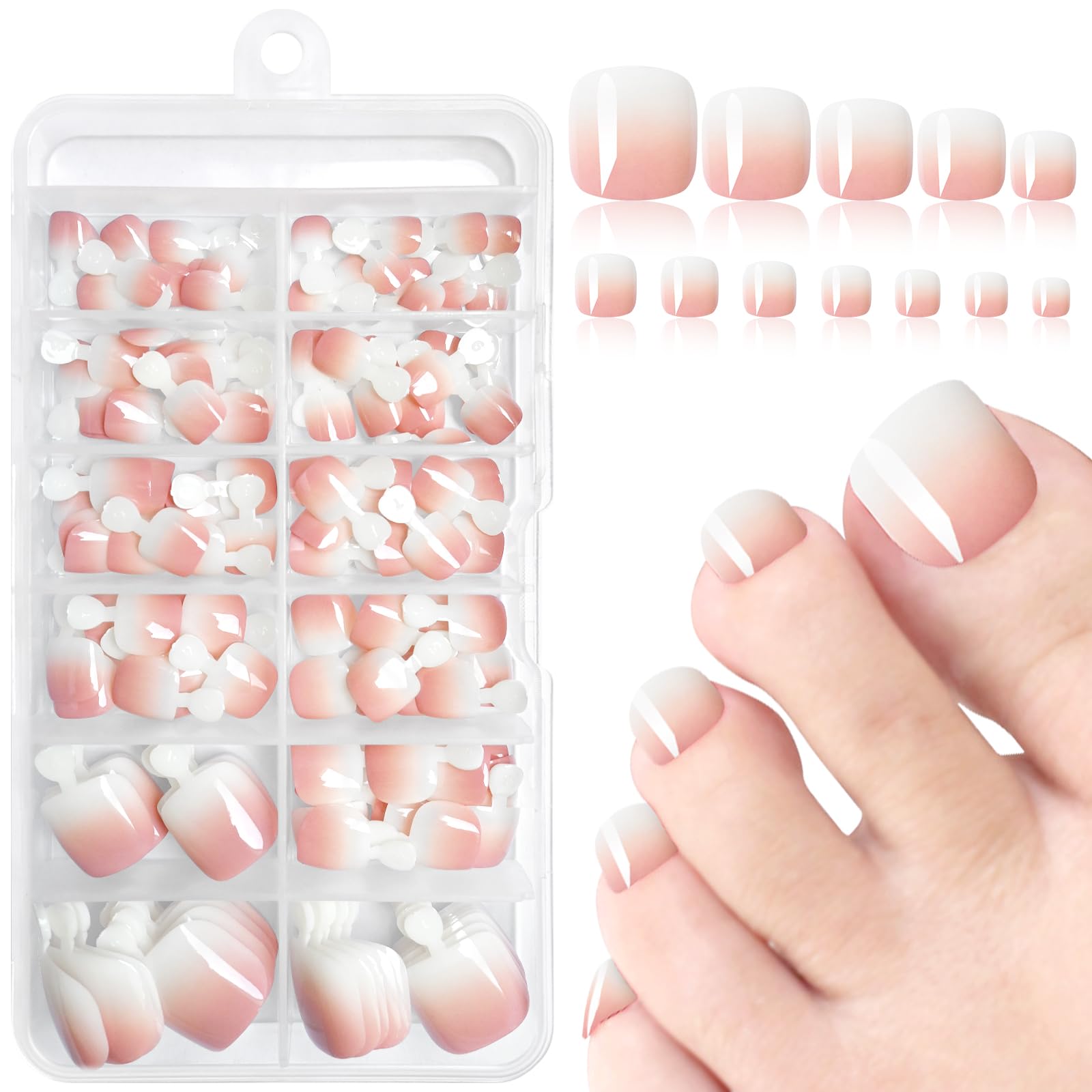 Loveourhome 144pc Ombre Press-On Toenails for Women - Fake Toe Nails with Glue Tabs, Acrylic Glue-On Toenails - Perfect for Pedicures, Parties, Vacations & Everyday Wear