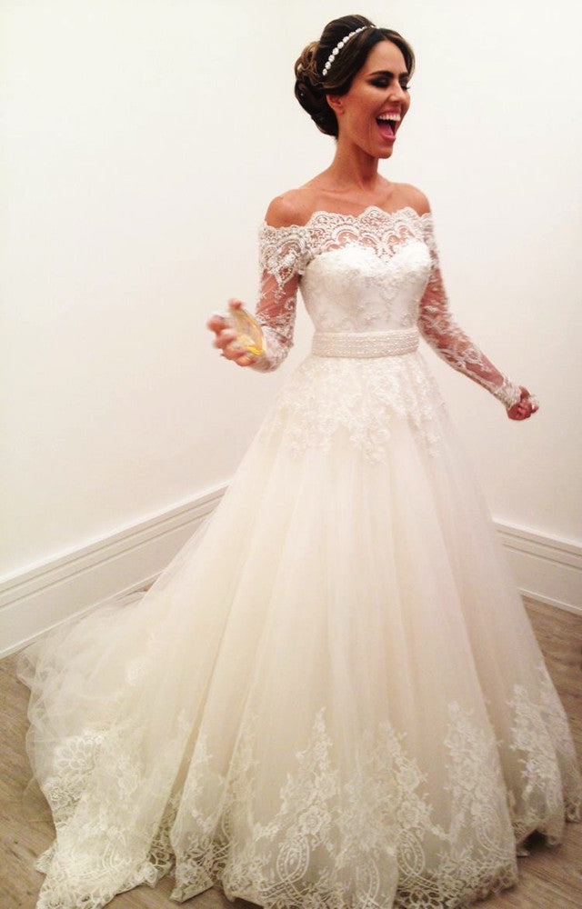 Elegant A-Line Off-The-Shoulder Long Sleeve Wedding Dress with Lace Appliques - Perfect for Bridal, Formal Events & Romantic Photoshoots