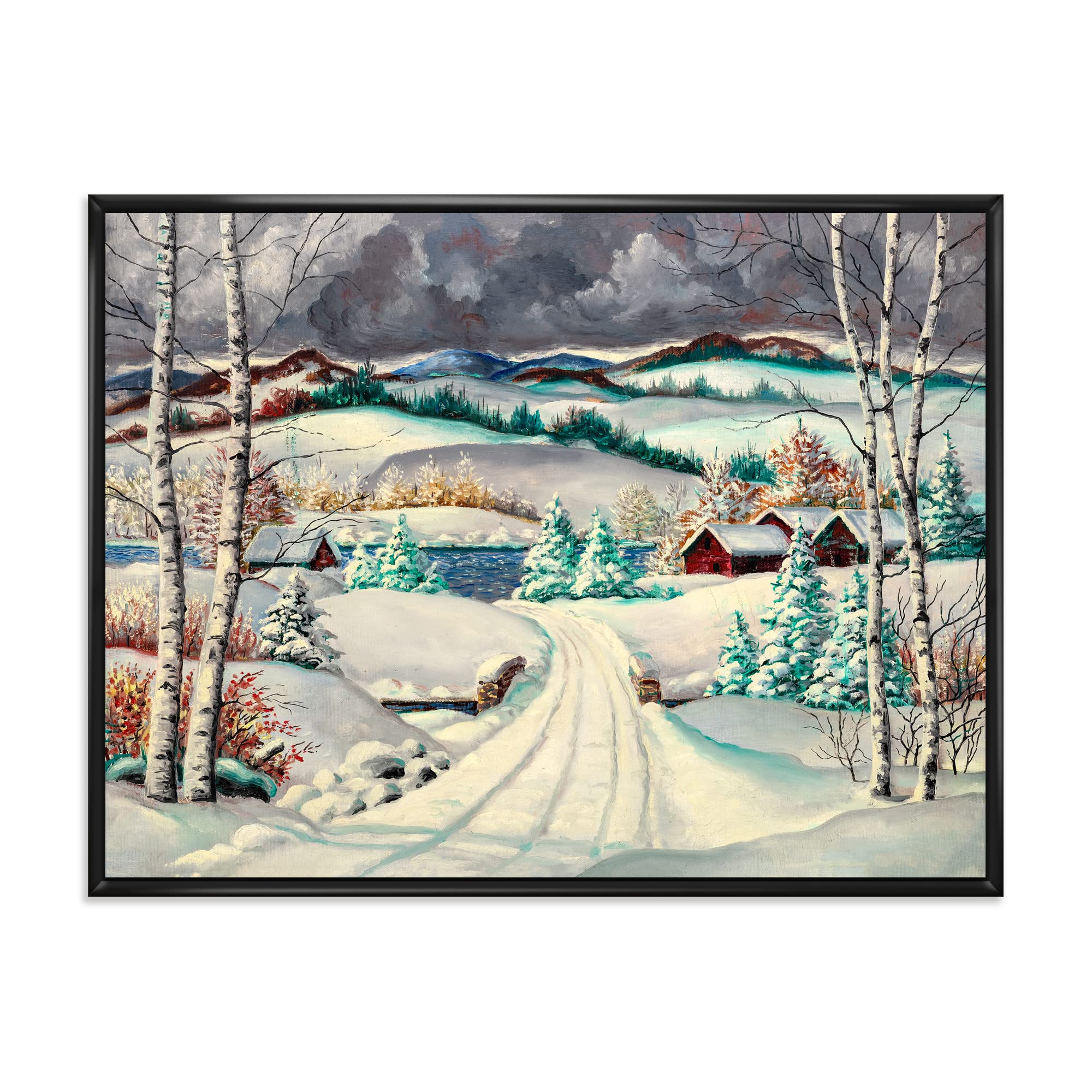 Traditional Framed Canvas Wall Art Print - Snowy Winter Country Road Landscape Painting for Living Room, Bedroom & Office Decor | DesignQ