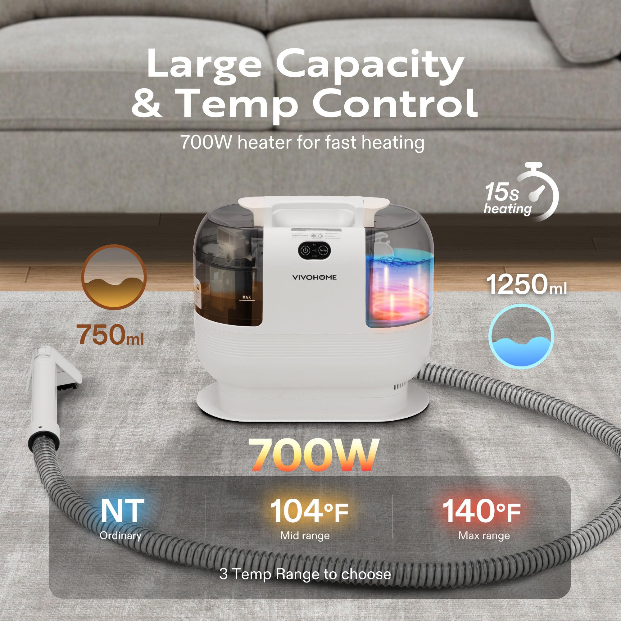 VIVOHOME Portable Carpet Cleaner Machine - 15s Fast Heating, 14Kpa Strong Suction, 4 Detachable Brush Heads for Pets, Upholstery, Couch & Car Seats - Self-Cleaning Spot Cleaner for Home, Office & Travel Use
