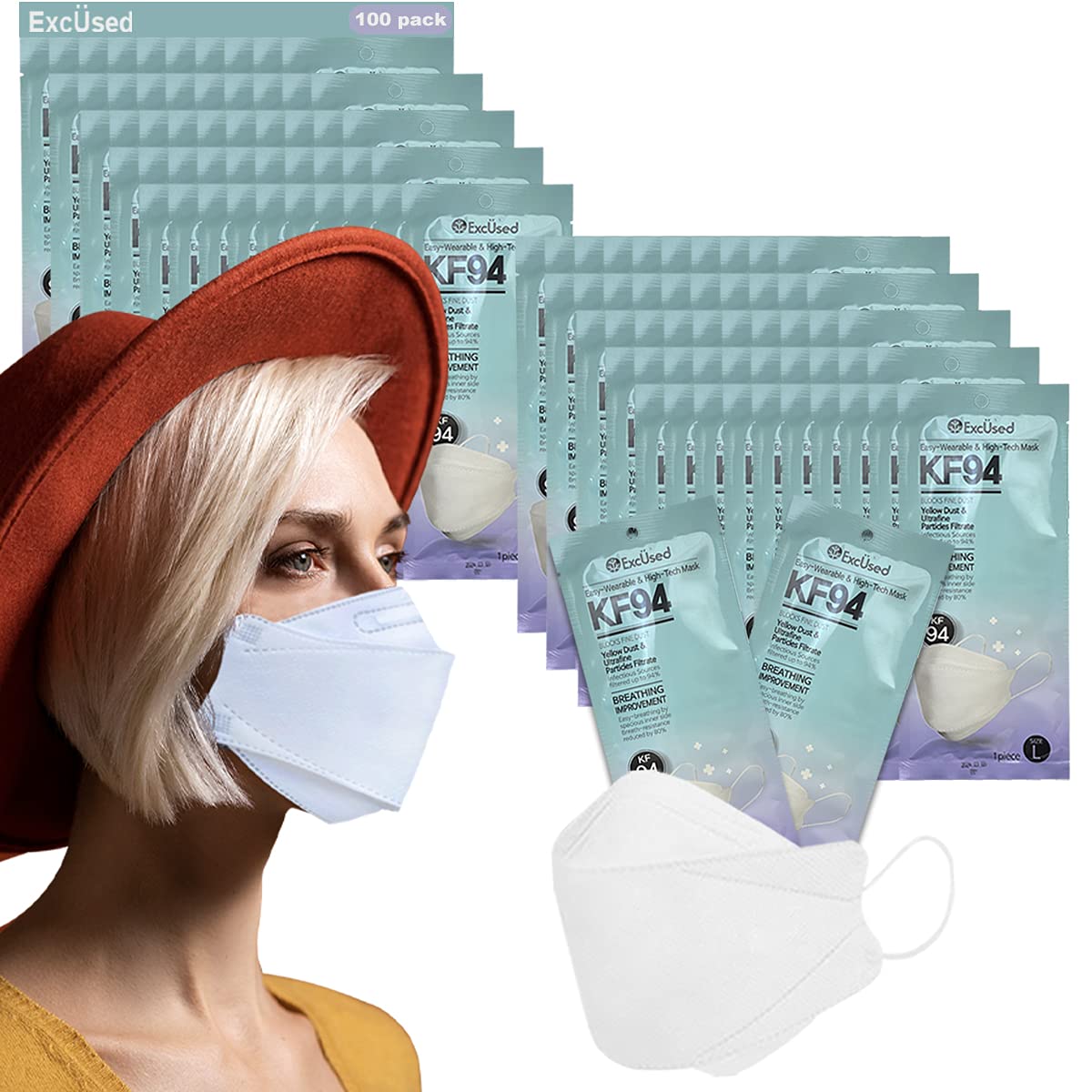 Premium KF94 Face Mask for Adults - 4-Layer Comfortable & Breathable Protection - Individually Wrapped Bulk Pack - Ideal for Travel, Work, and Daily Use