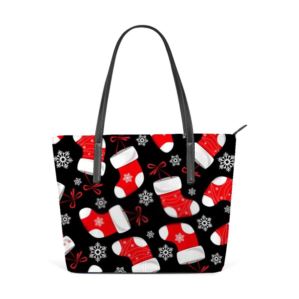 Stylish Large PU Leather Work Tote Bag for Women - Fashionable Christmas Socks Pattern Handbag - Perfect for Office, Shopping & Holiday Gifts