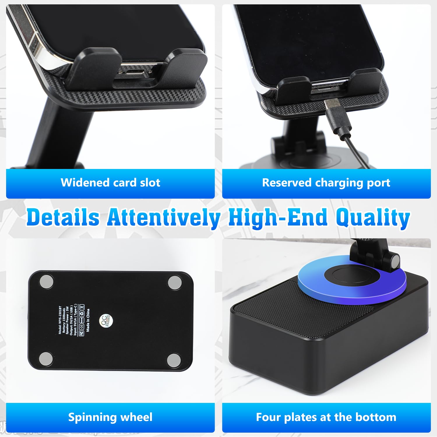5-in-1 Wireless Bluetooth Speaker with Induction Charging | 360° Rotating Foldable Phone Holder | Rechargeable Power Bank with Ambient LED Lights | Anti-Slip Base for Home, Office & Outdoor Use (Black)