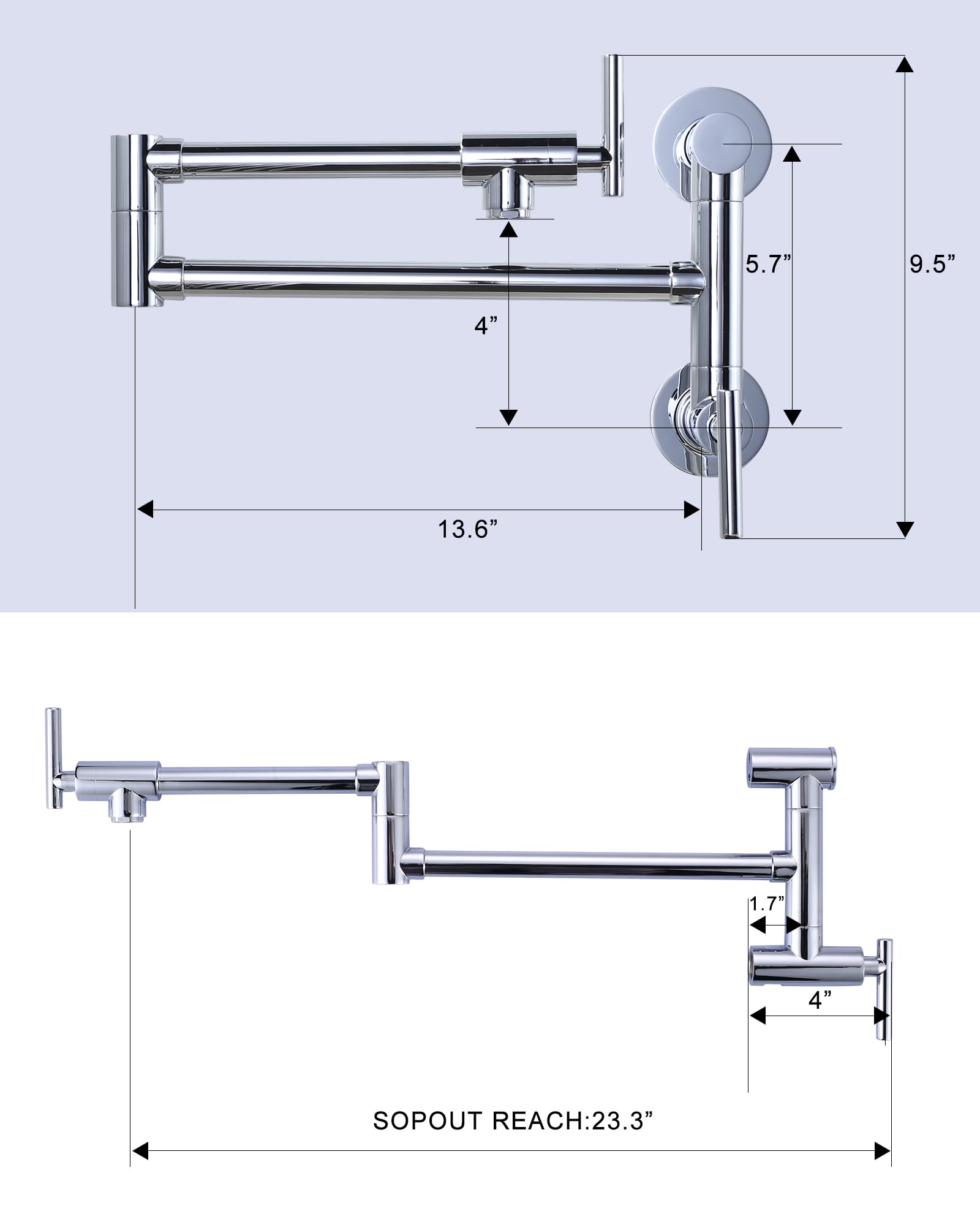 WOWOW Chrome Pot Filler Faucet - Single Hole Wall Mount Stove Faucet with Brass Construction & Double Joint Swing Arms - Perfect for Kitchen, Restaurant & Outdoor Cooking Areas