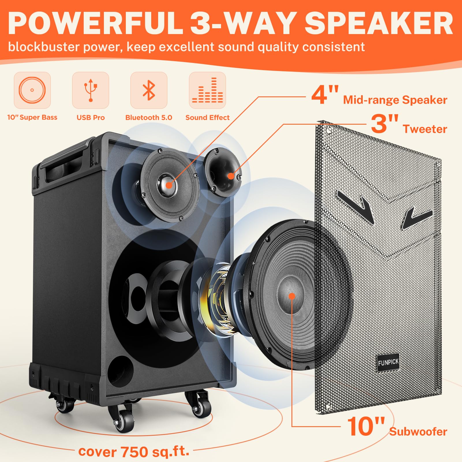 FTSK10-3 10-Inch 3-Way PA System with Bluetooth - Rechargeable Karaoke Speaker with Wireless Crystal Mic, Supports Guitar/USB/FM/AUX/TWS - Perfect for Home Parties, Outdoor Events & Live Performances