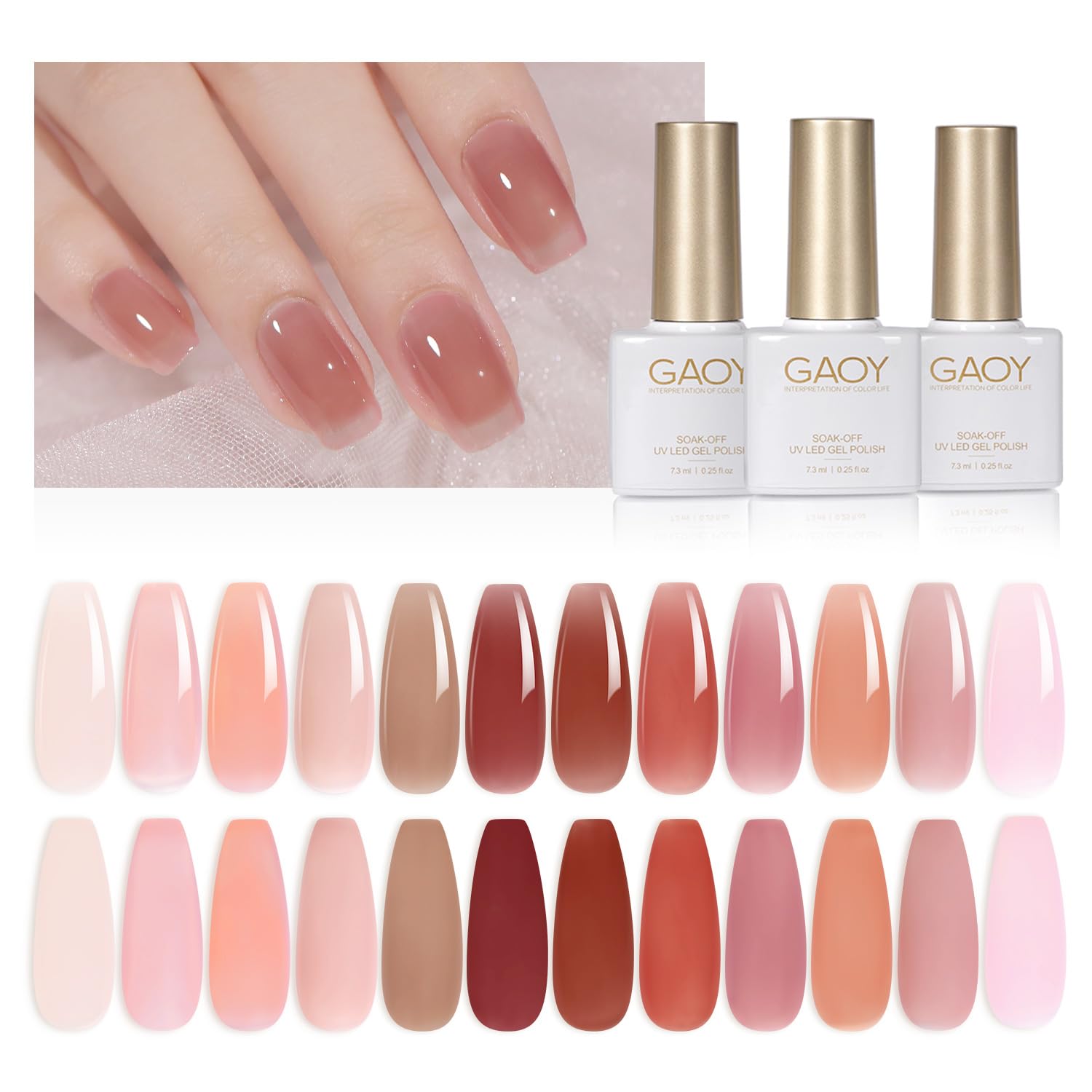 GAOY 15 Pcs Jelly Gel Nail Polish Kit - Sheer Nude Pink Colors with Glossy & Matte Top Coat, Base Coat for DIY Nail Art | Professional Salon-Quality Manicure & Pedicure at Home | Perfect for Weddings, Parties & Special Occasions